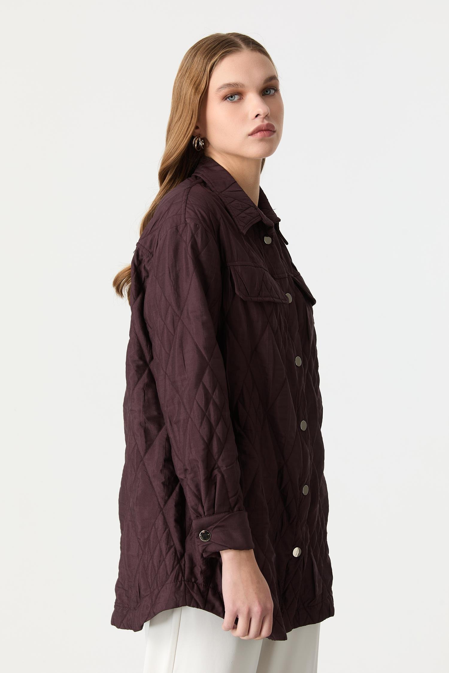 Broş Detaylı Kapitone Tunik Gömlek-MÜRDÜM