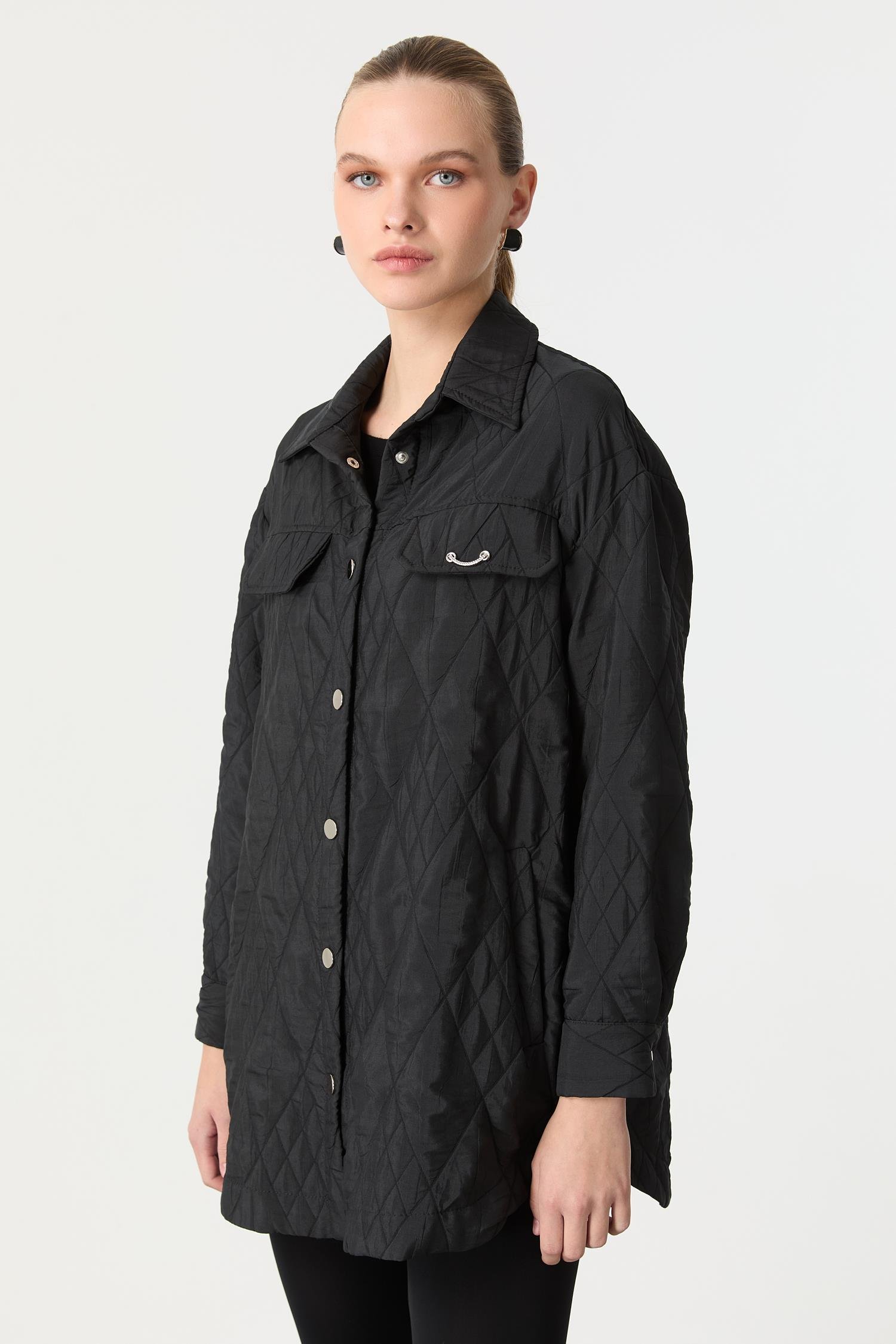 Broş Detaylı Kapitone Tunik Gömlek-SİYAH