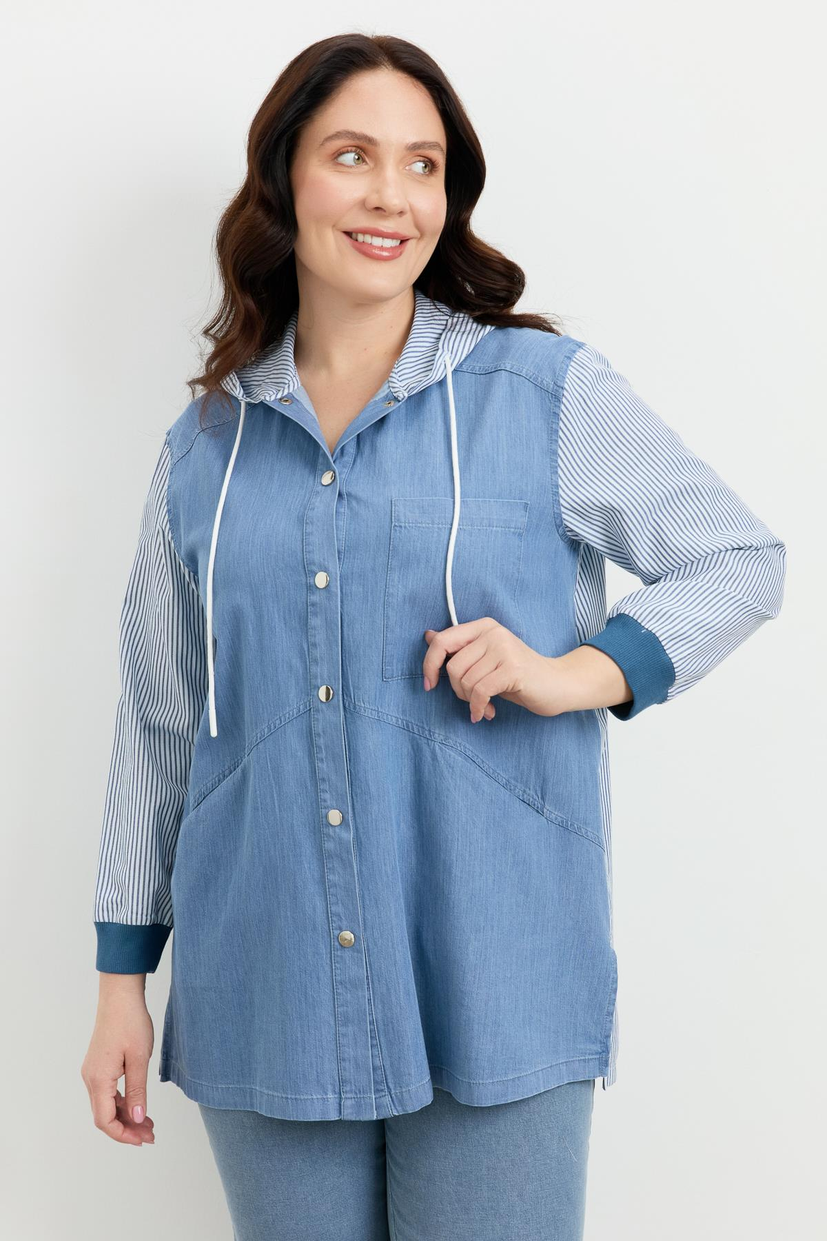 Büyük Beden 3 Cep Kapüşonlu Gömlek-MAVİ