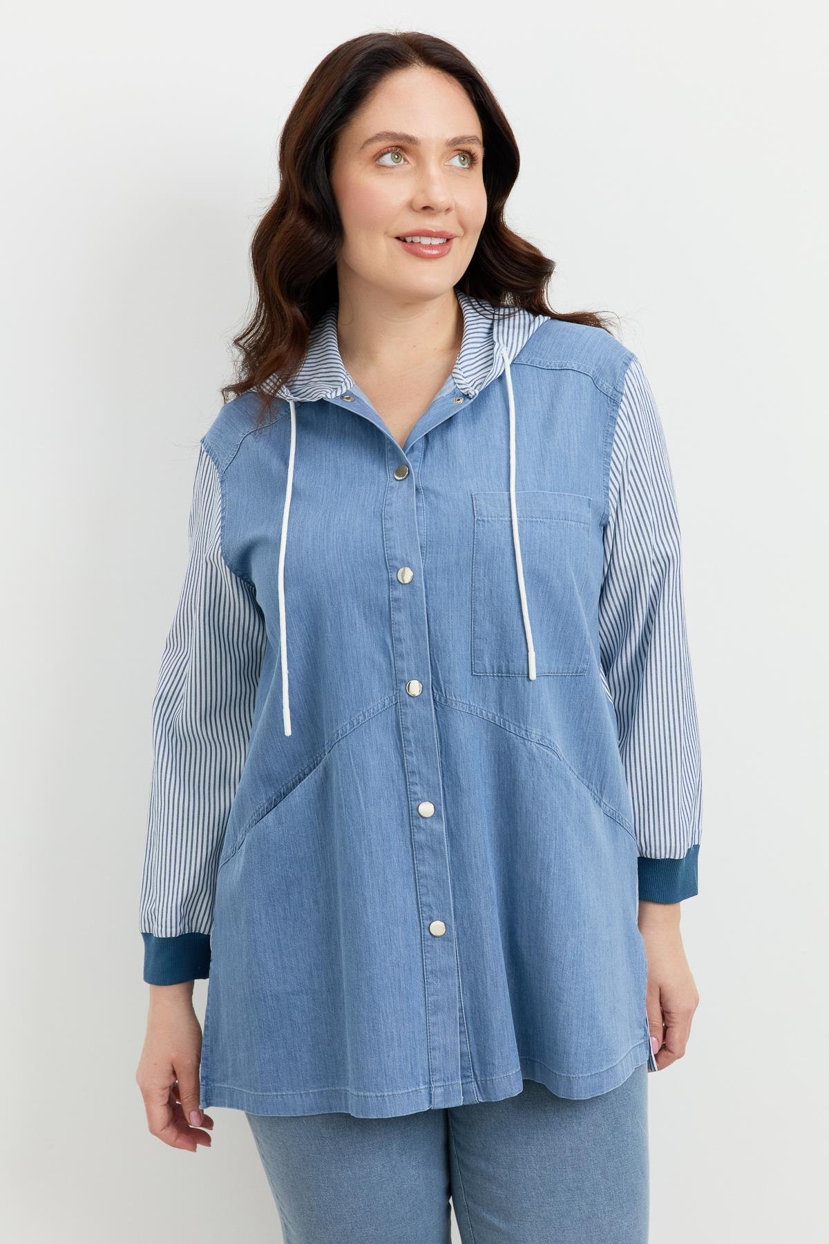 Büyük Beden 3 Cep Kapüşonlu Gömlek-MAVİ