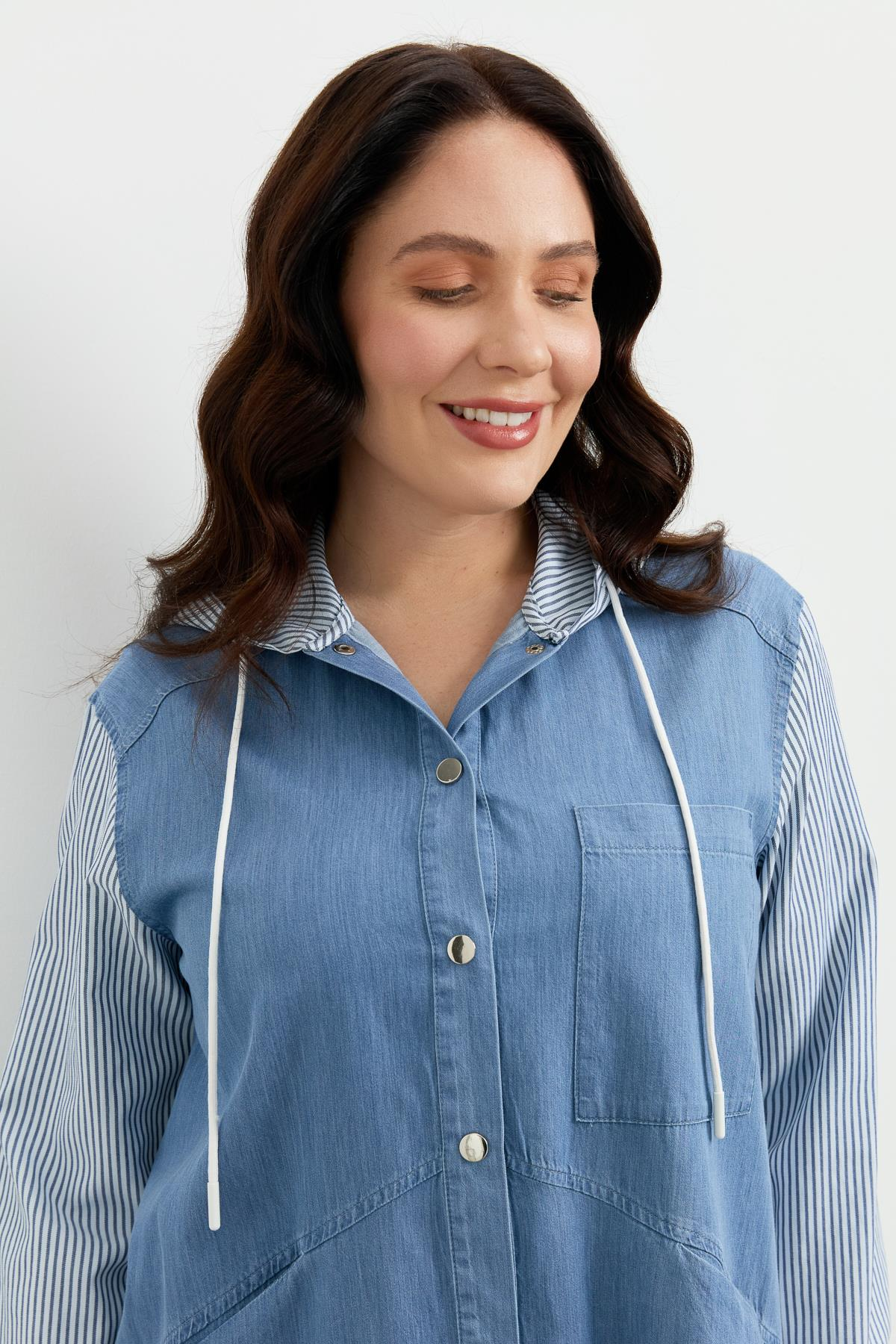 Büyük Beden 3 Cep Kapüşonlu Gömlek-MAVİ