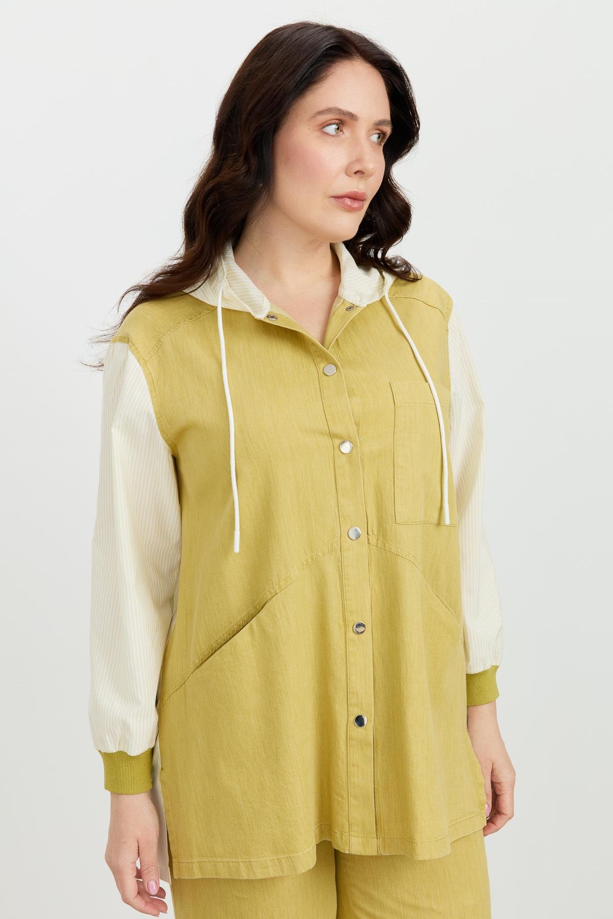 Büyük Beden 3 Cep Kapüşonlu Gömlek-SARI