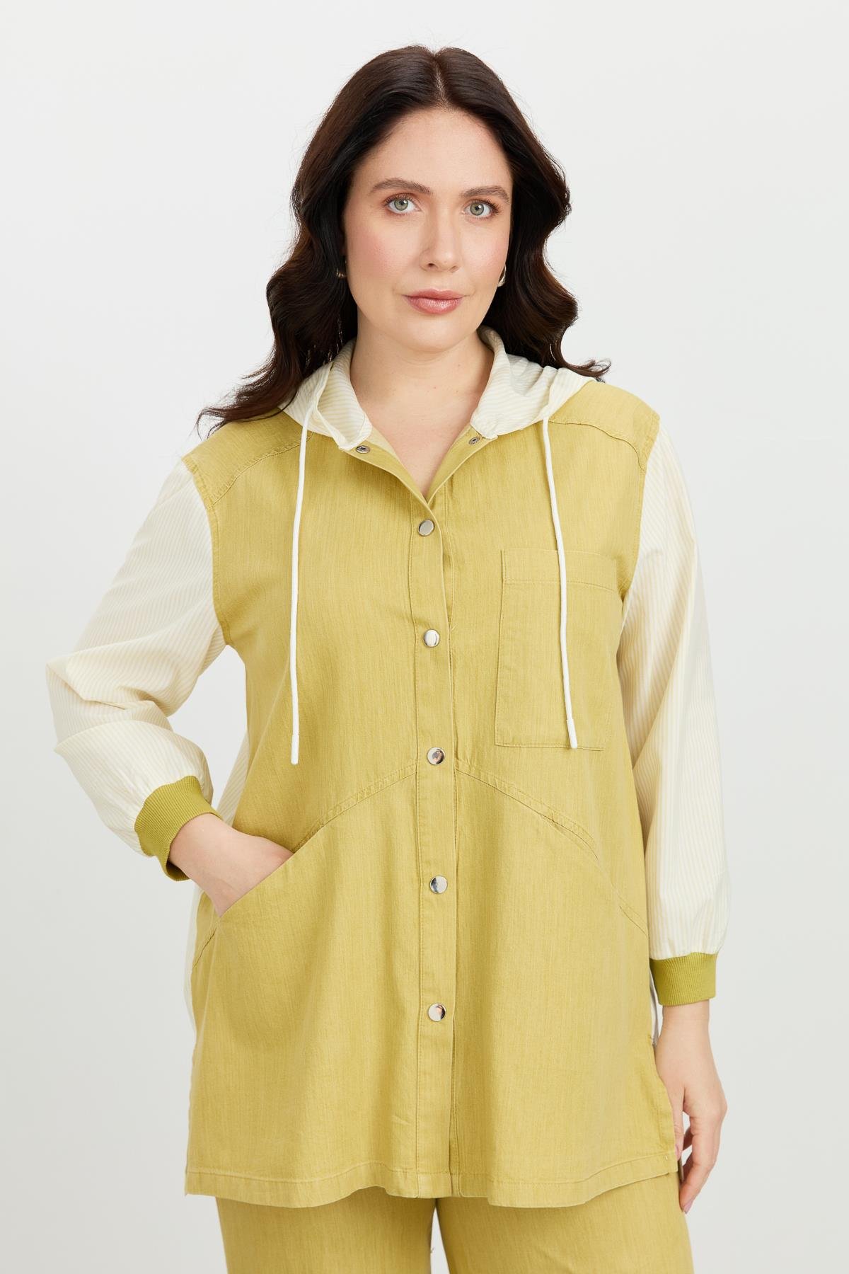Büyük Beden 3 Cep Kapüşonlu Gömlek-SARI