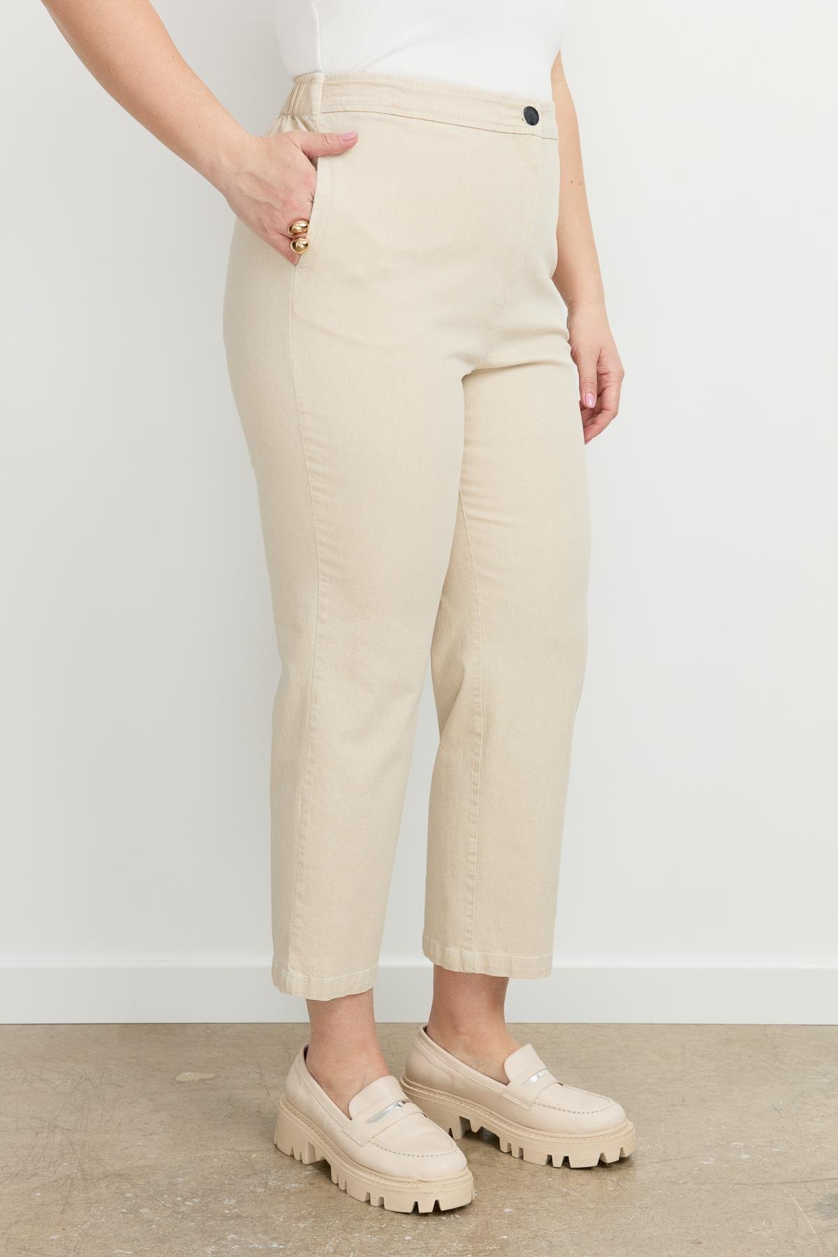 Büyük Beden Arkası Lastik Kot Pantolon-BEJ