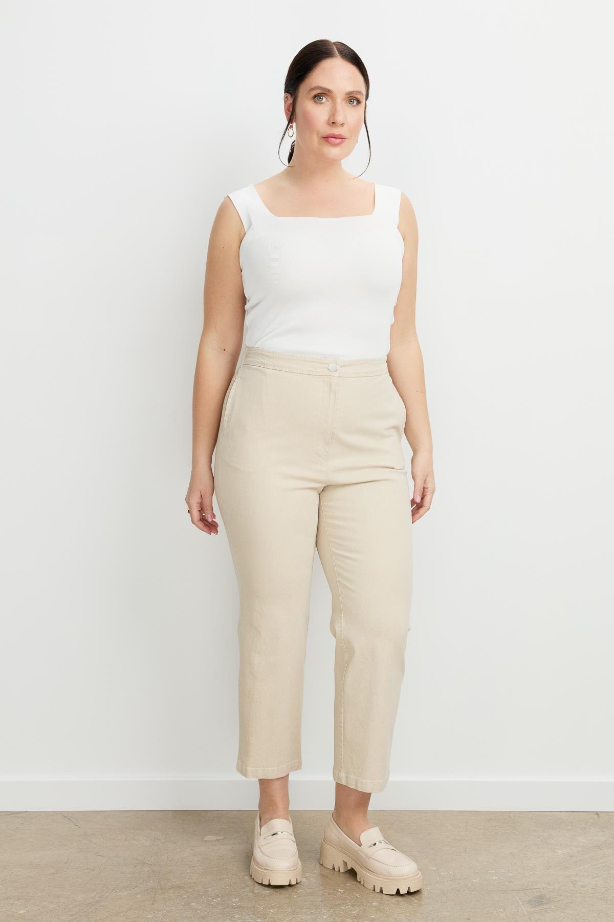 Büyük Beden Arkası Lastik Kot Pantolon-BEJ