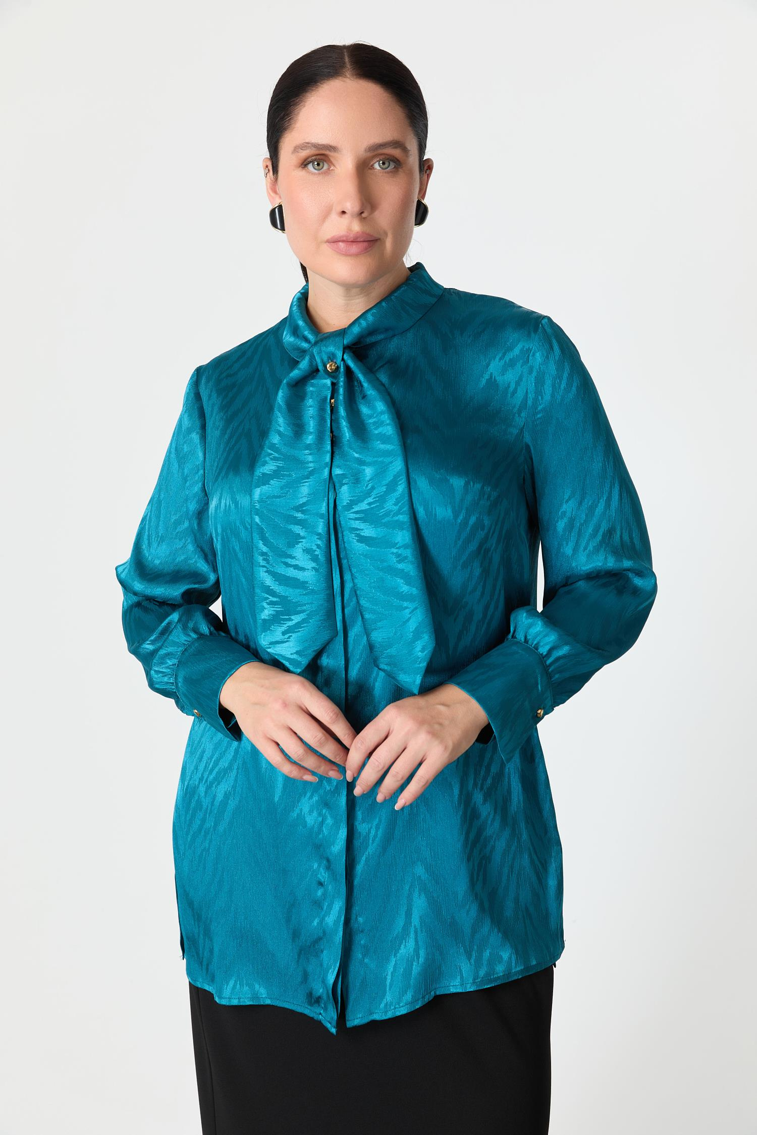 Büyük Beden Bağlama Detaylı Tunik Gömlek-PETROL