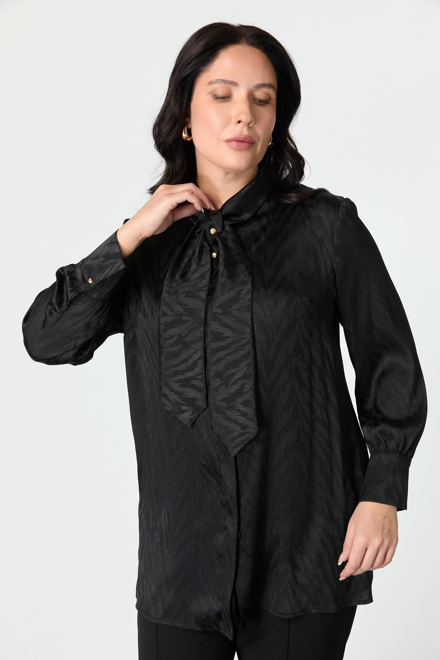 Büyük Beden Bağlama Detaylı Tunik Gömlek-SİYAH