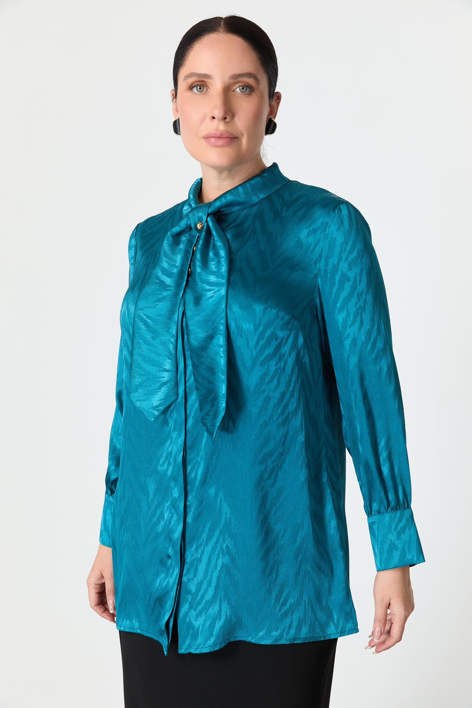 Büyük Beden Bağlama Detaylı Tunik Gömlek-PETROL