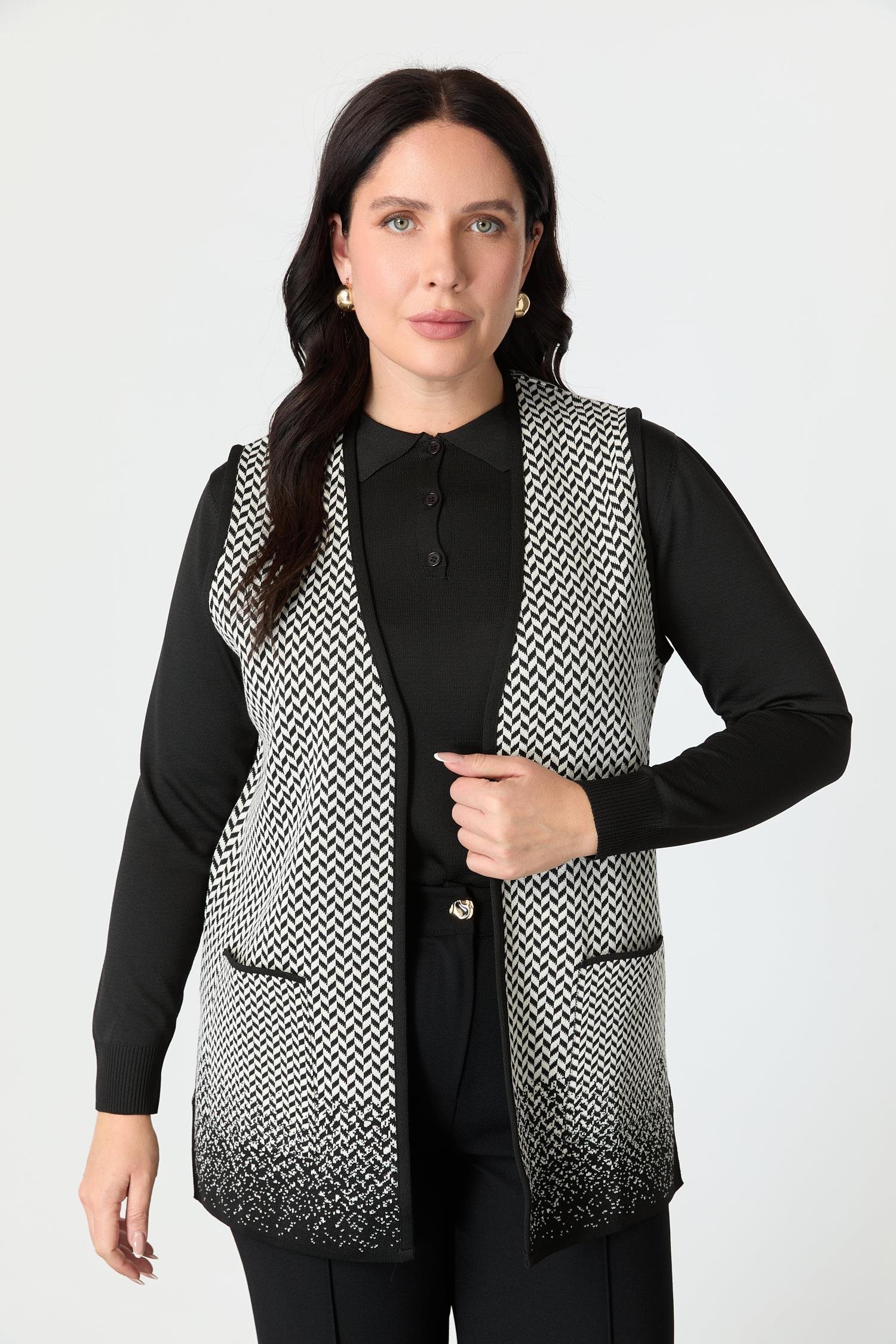 Büyük Beden Başak Desenli Triko Yelek-SİYAH