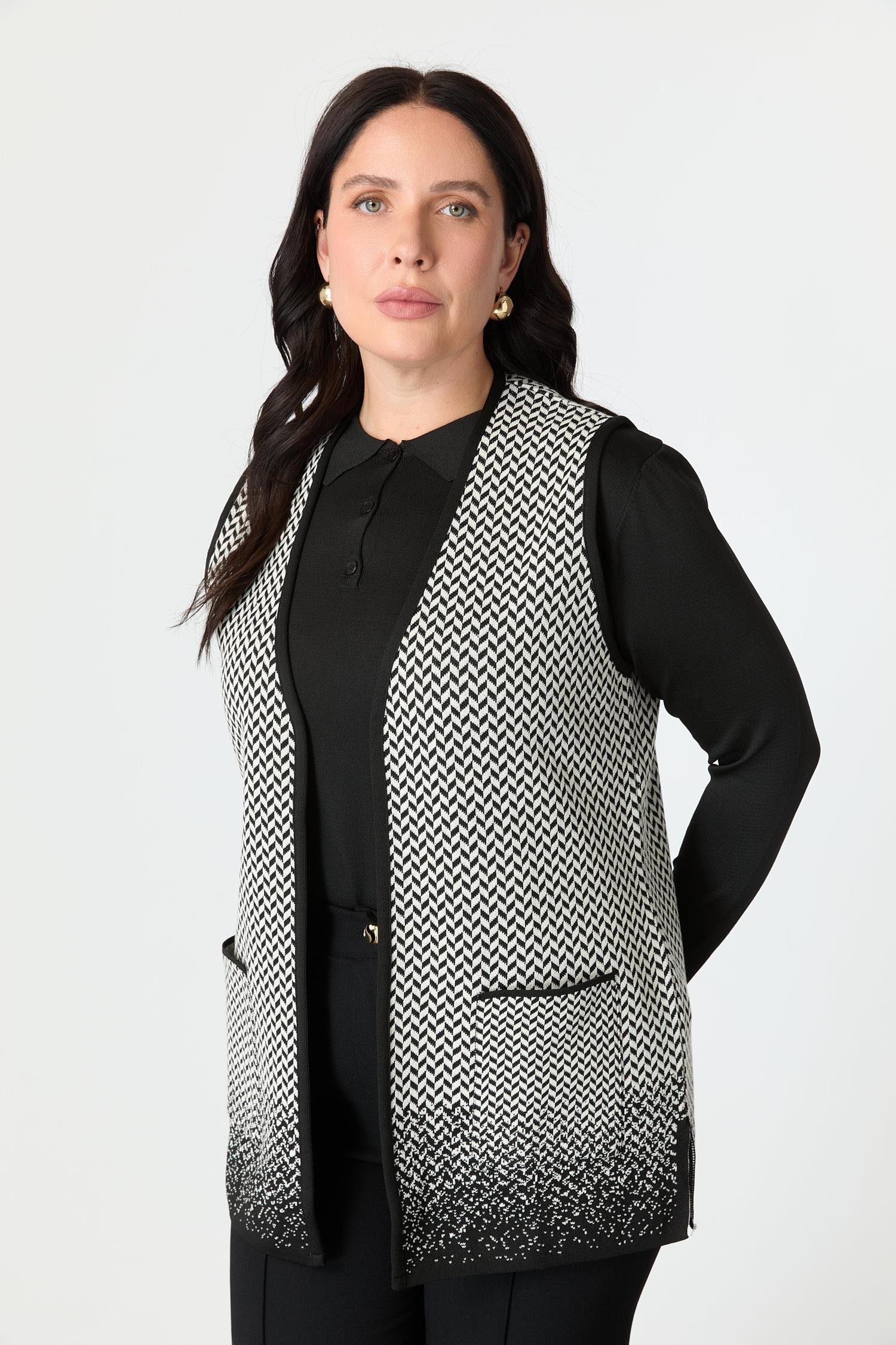 Büyük Beden Başak Desenli Triko Yelek-SİYAH