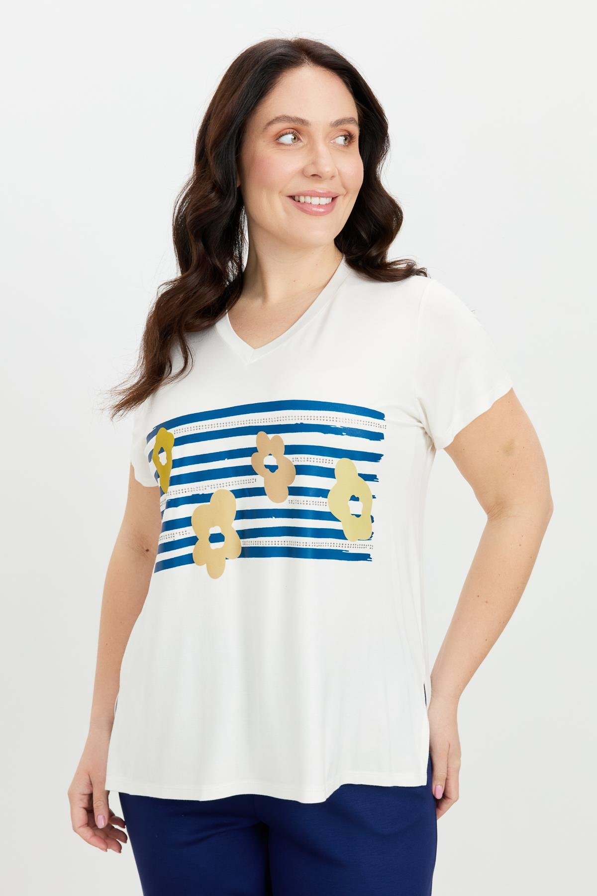 Büyük Beden Baskı Detay Bluz-KEMIK