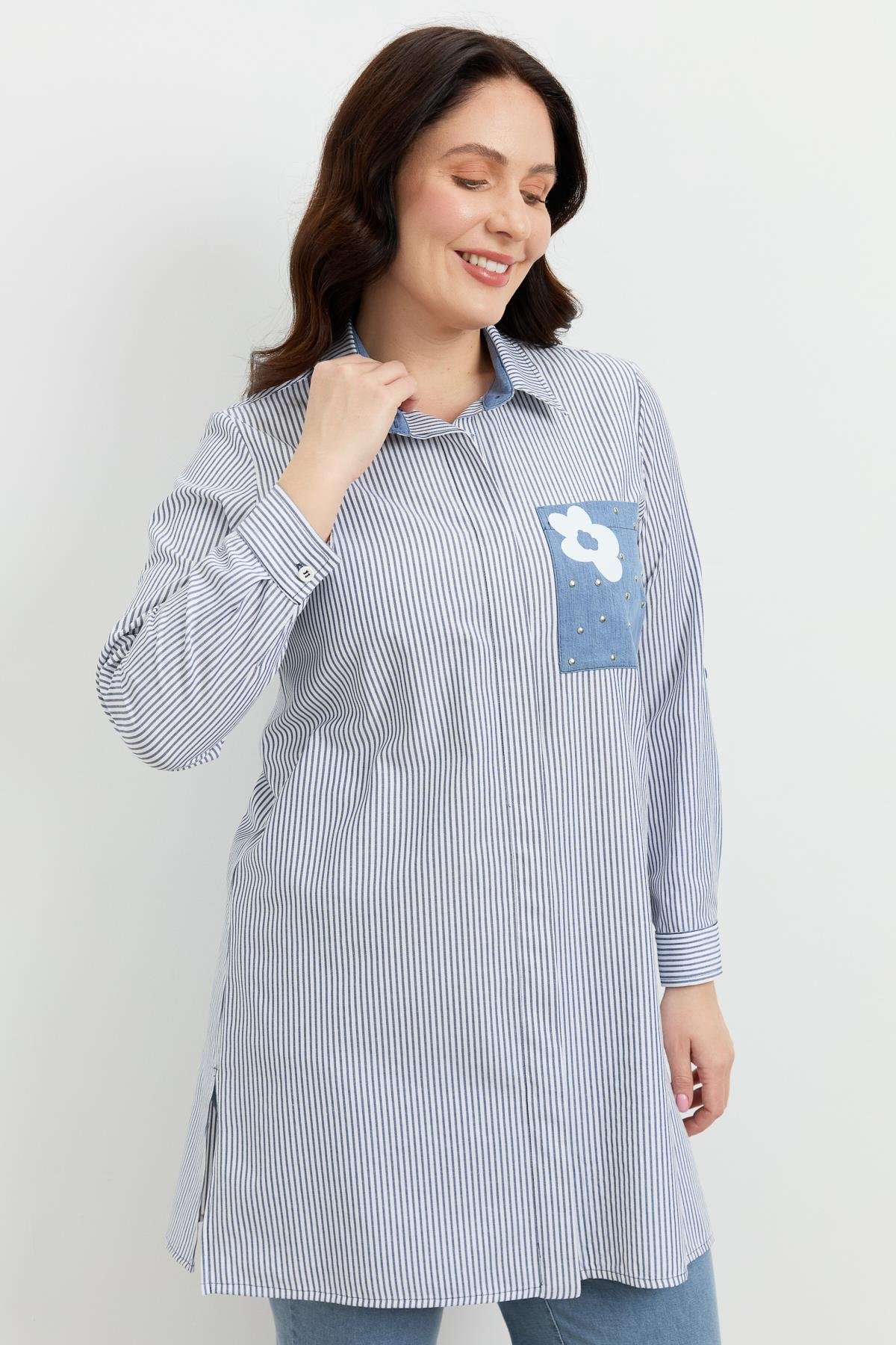 Büyük Beden Baskı Detay Gömlek Tunik-MAVİ