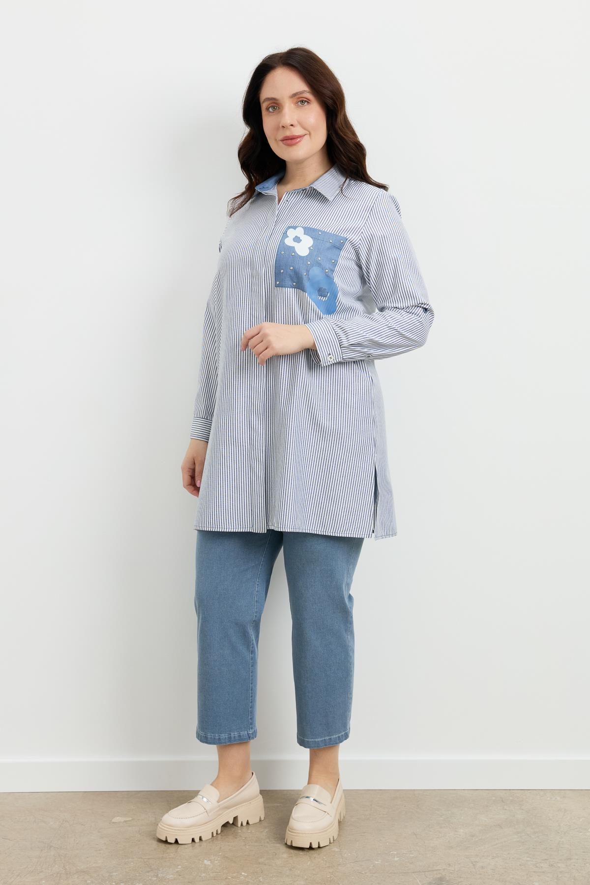 Büyük Beden Baskı Detay Gömlek Tunik-MAVİ