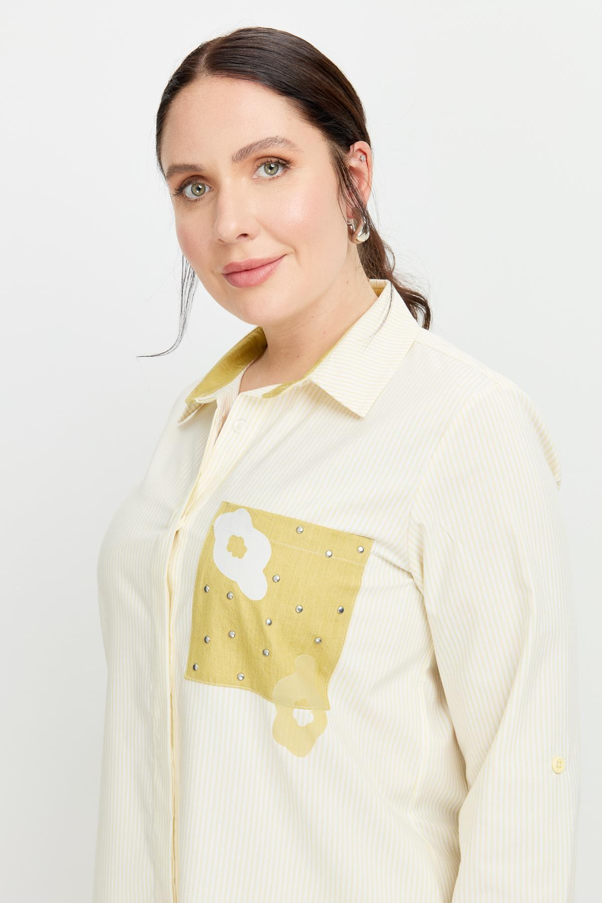 Büyük Beden Baskı Detay Gömlek Tunik-SARI