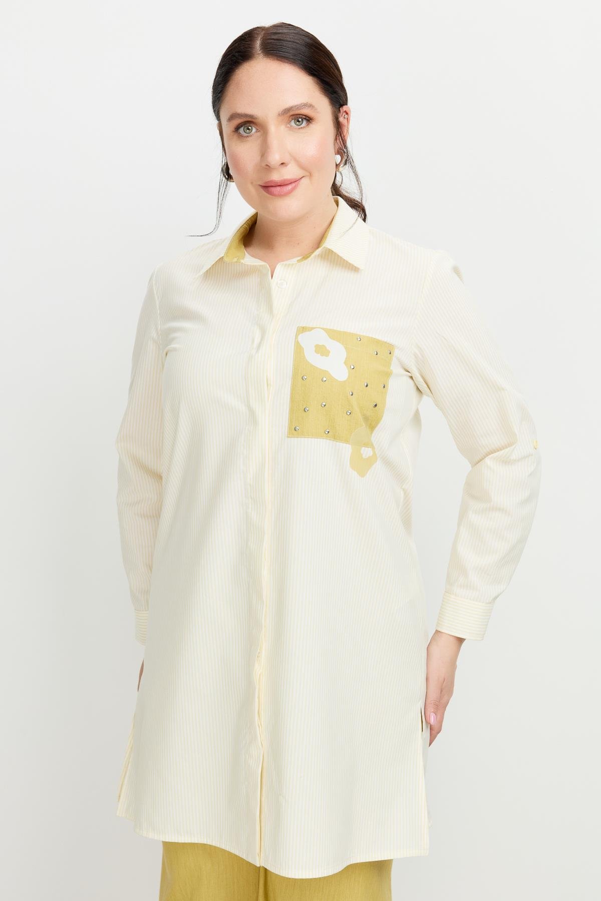 Büyük Beden Baskı Detay Gömlek Tunik-SARI