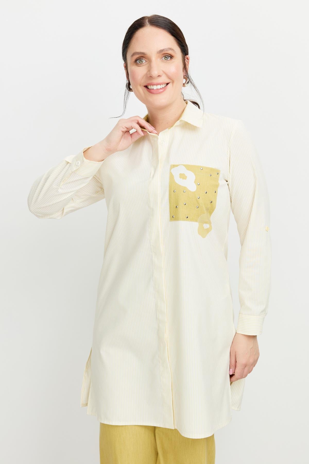 Büyük Beden Baskı Detay Gömlek Tunik-SARI