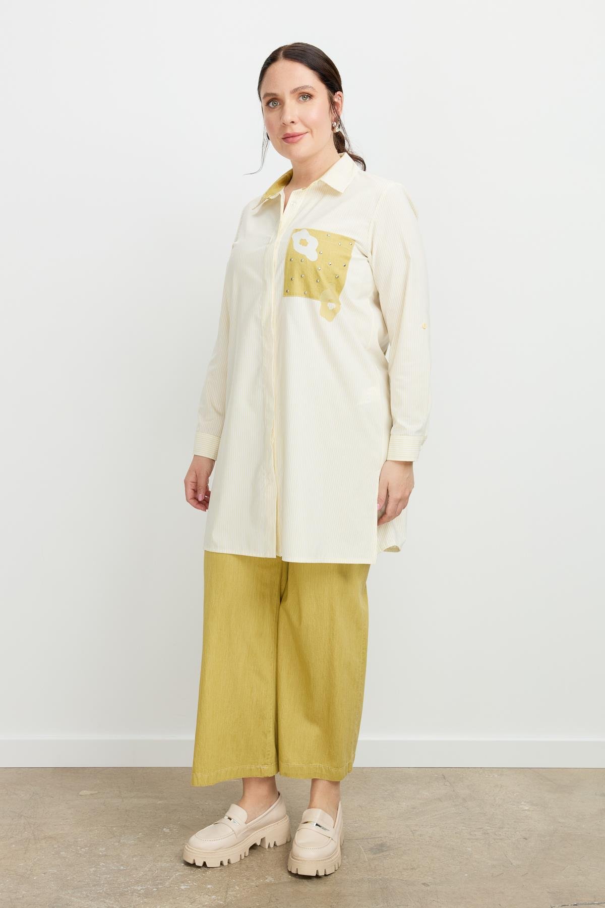 Büyük Beden Baskı Detay Gömlek Tunik-SARI