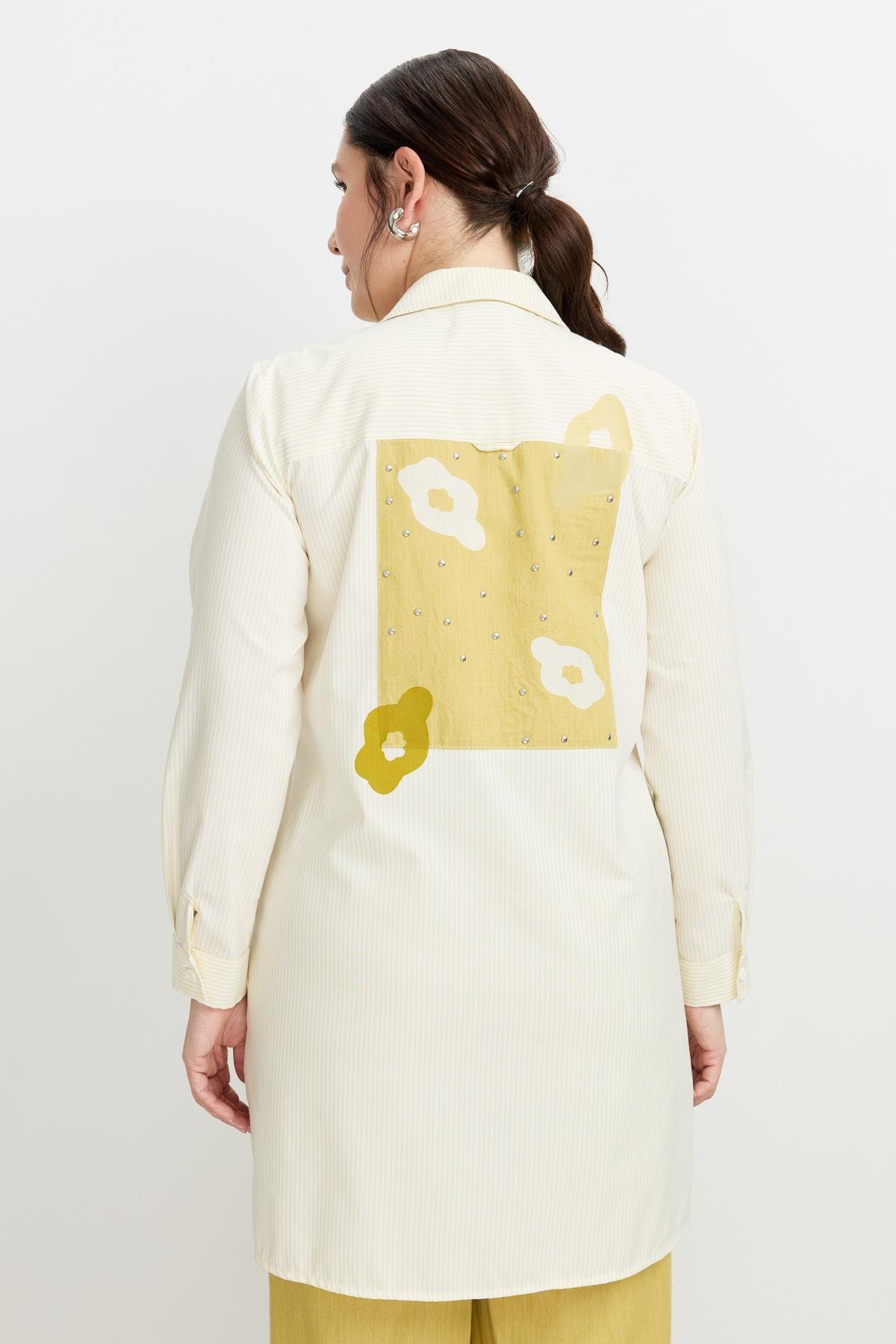 Büyük Beden Baskı Detay Gömlek Tunik-SARI