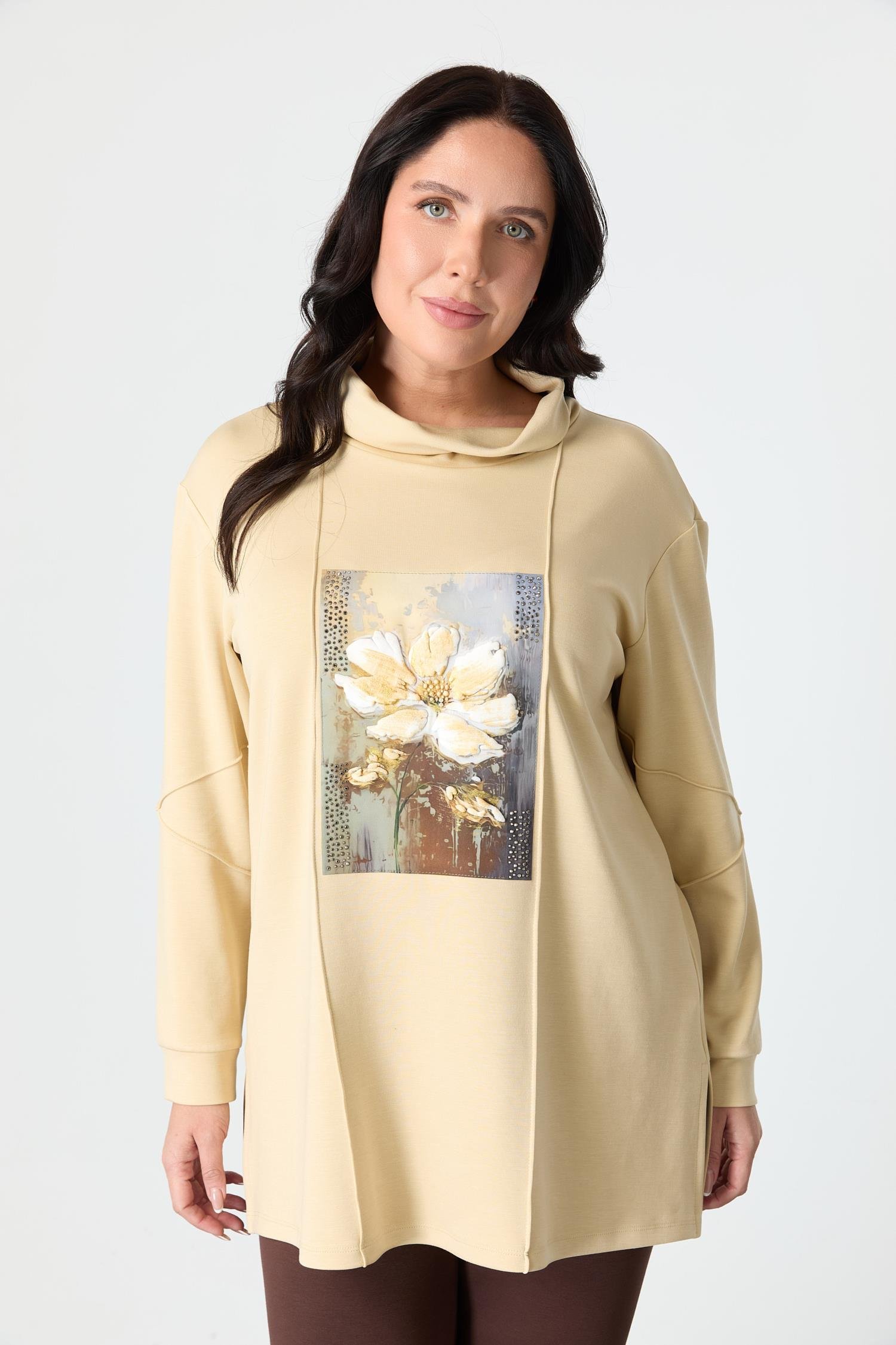 Büyük Beden Baskı Detaylı Bluz-BEJ