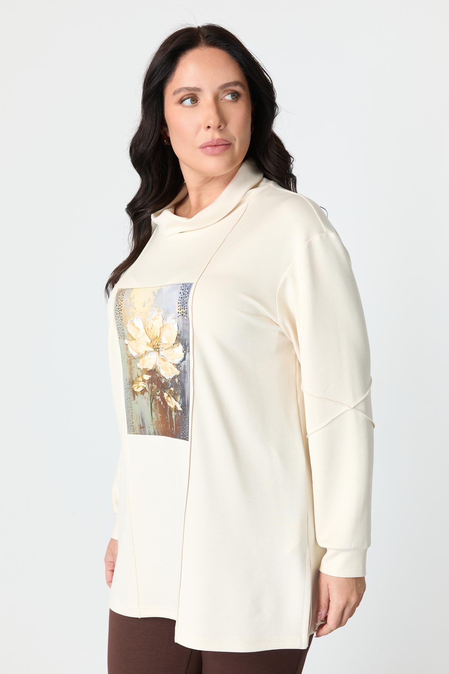 Büyük Beden Baskı Detaylı Bluz-EKRU