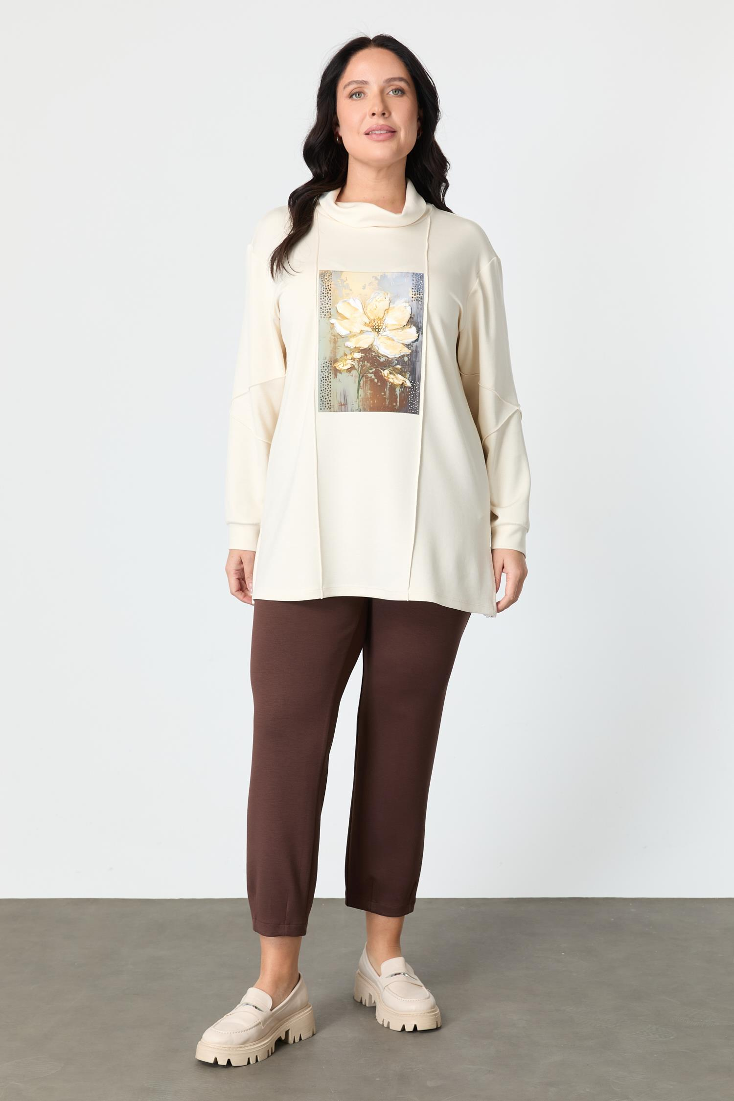 Büyük Beden Baskı Detaylı Bluz-EKRU