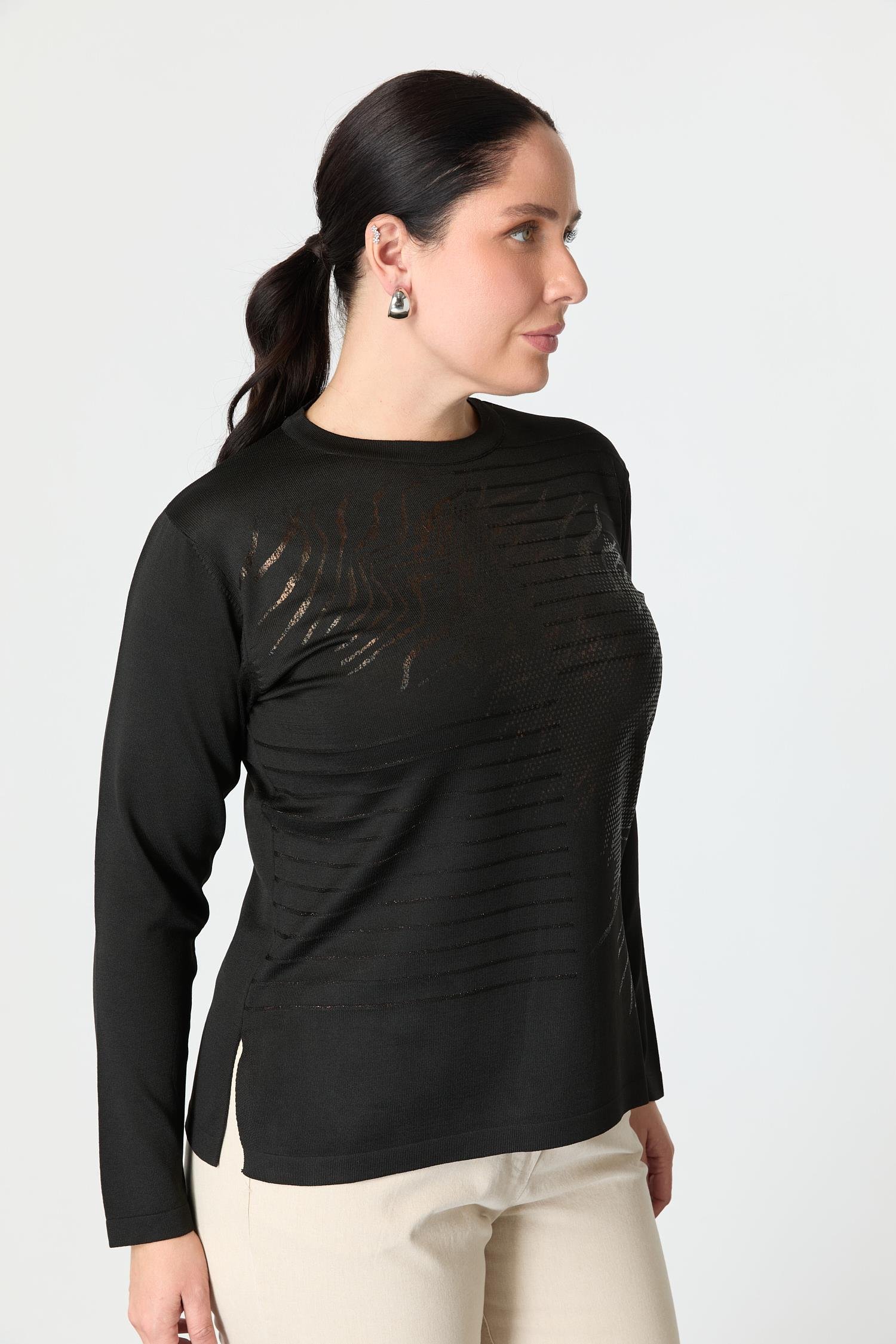 Büyük Beden Baskılı Triko Kazak-SİYAH