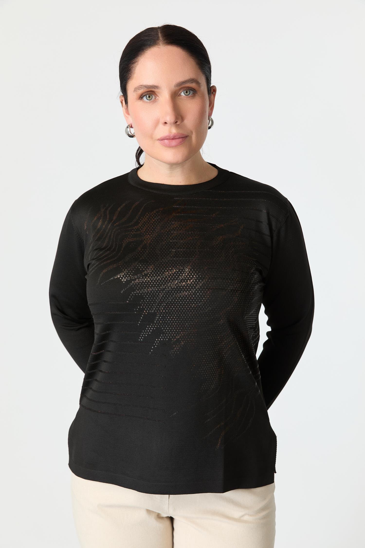 Büyük Beden Baskılı Triko Kazak-SİYAH