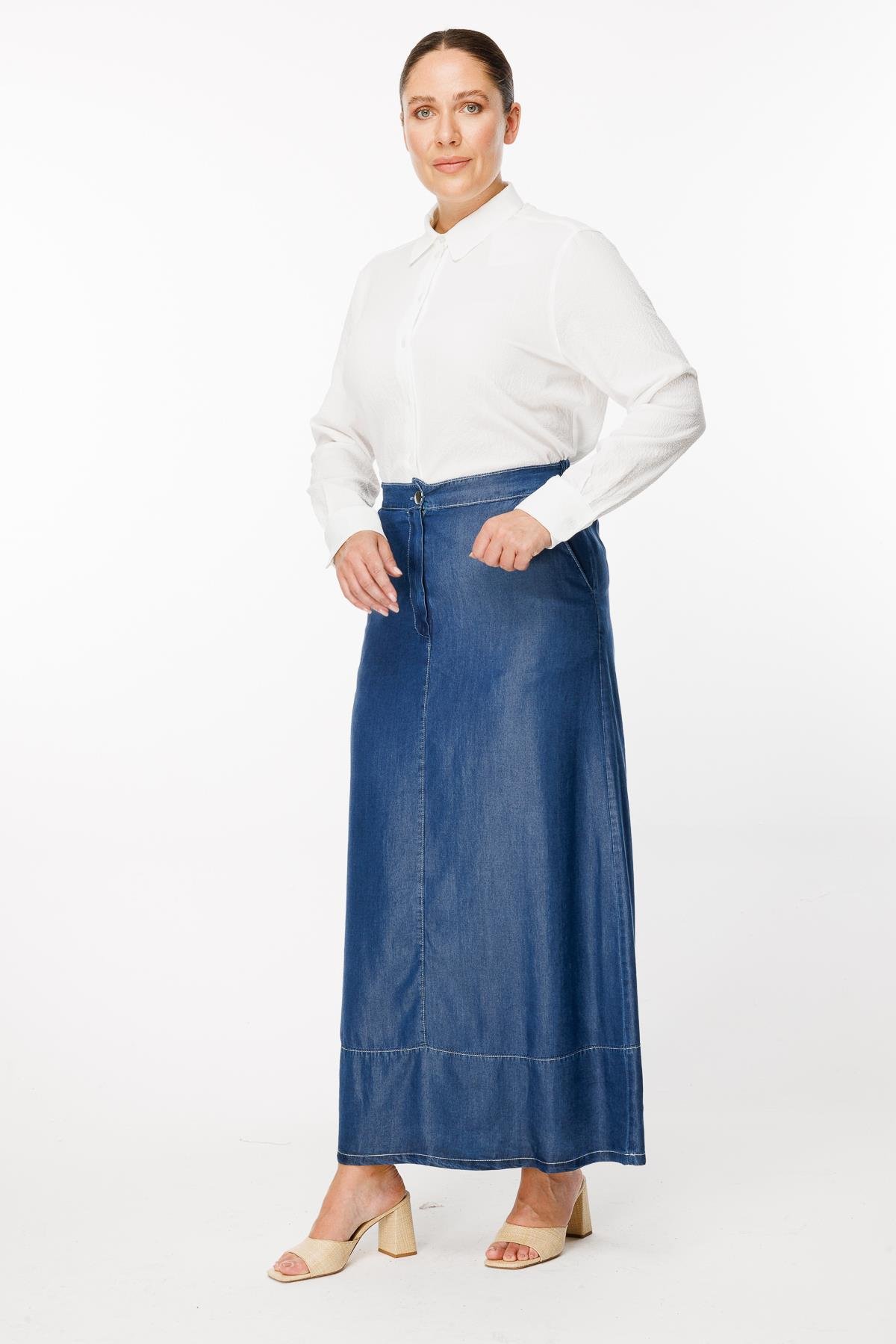 Büyük Beden Beli Lastikli Kot Etek - K.MAVI