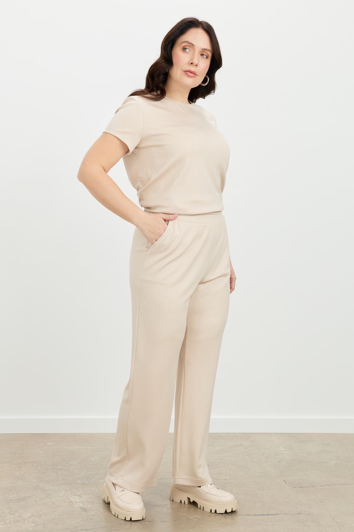 Büyük Beden Bol Paça Eşofman Pantolon-BEJ