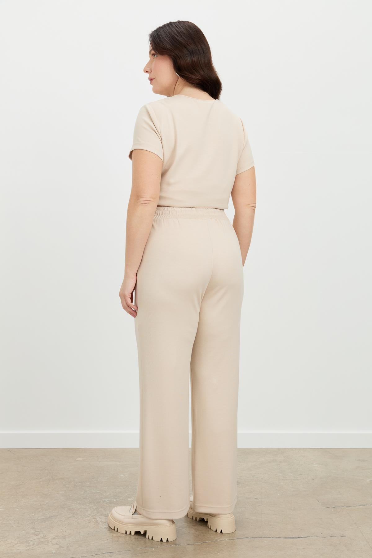 Büyük Beden Bol Paça Eşofman Pantolon-BEJ