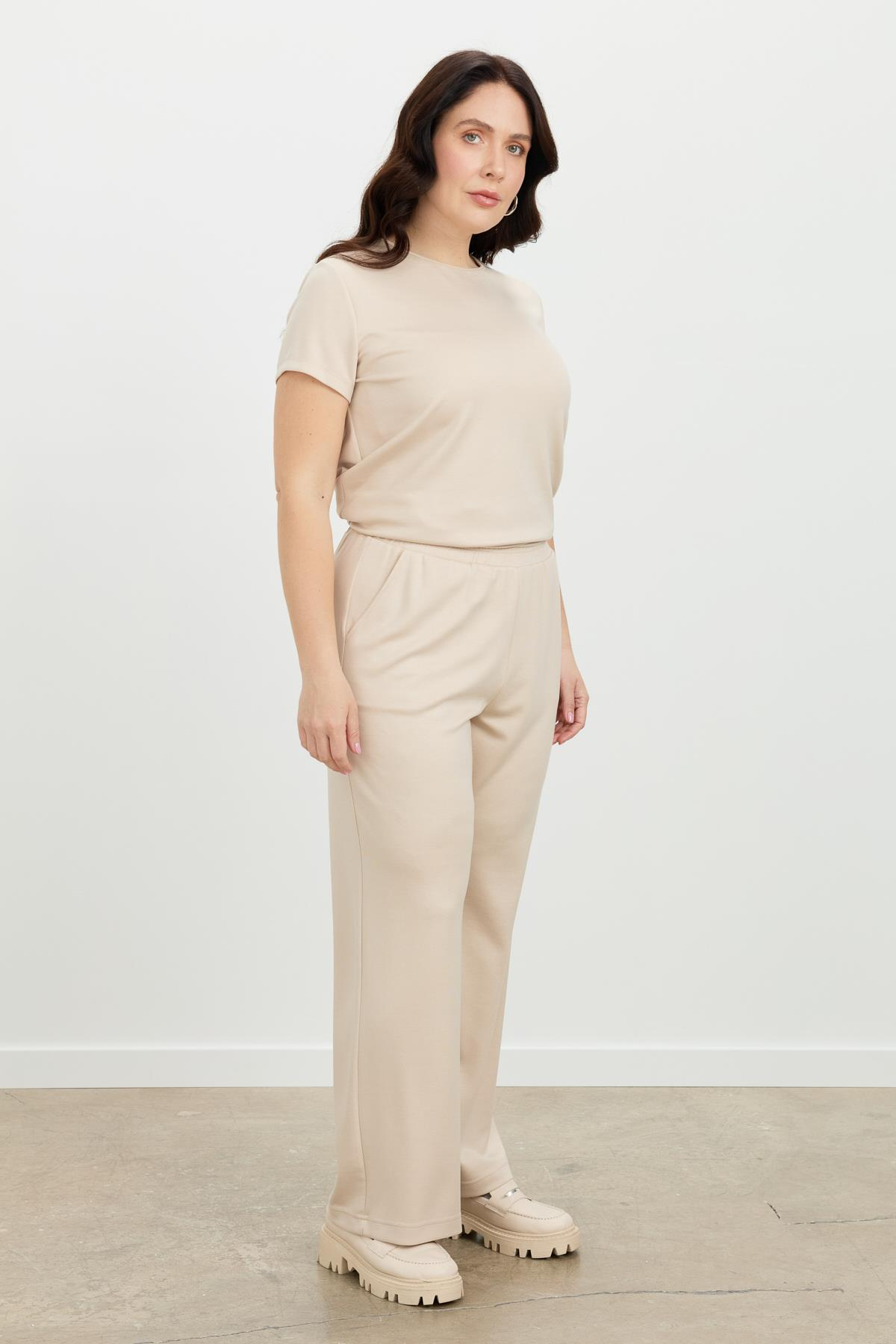 Büyük Beden Bol Paça Eşofman Pantolon-BEJ