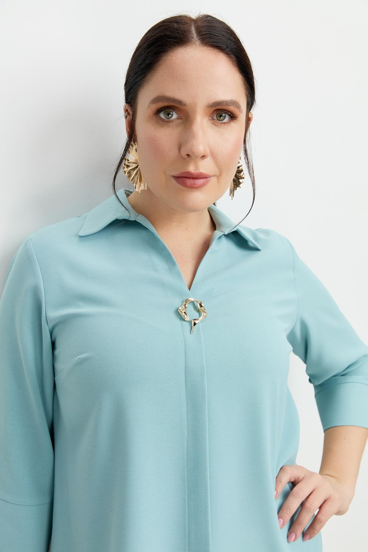 Büyük Beden Broş Detaylı Gömlek-MINT