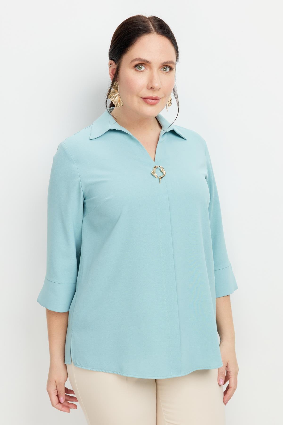 Büyük Beden Broş Detaylı Gömlek-MINT