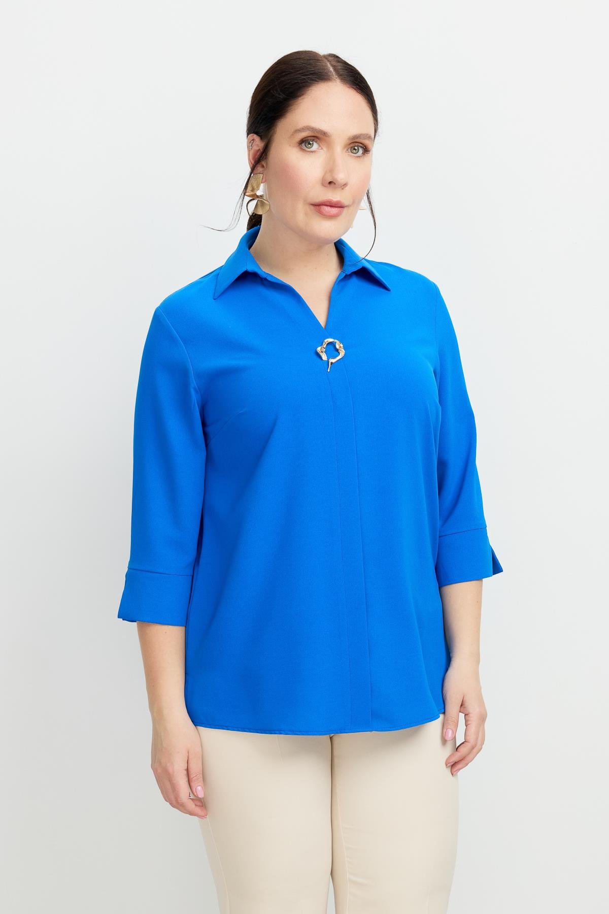 Büyük Beden Broş Detaylı Gömlek-SAX