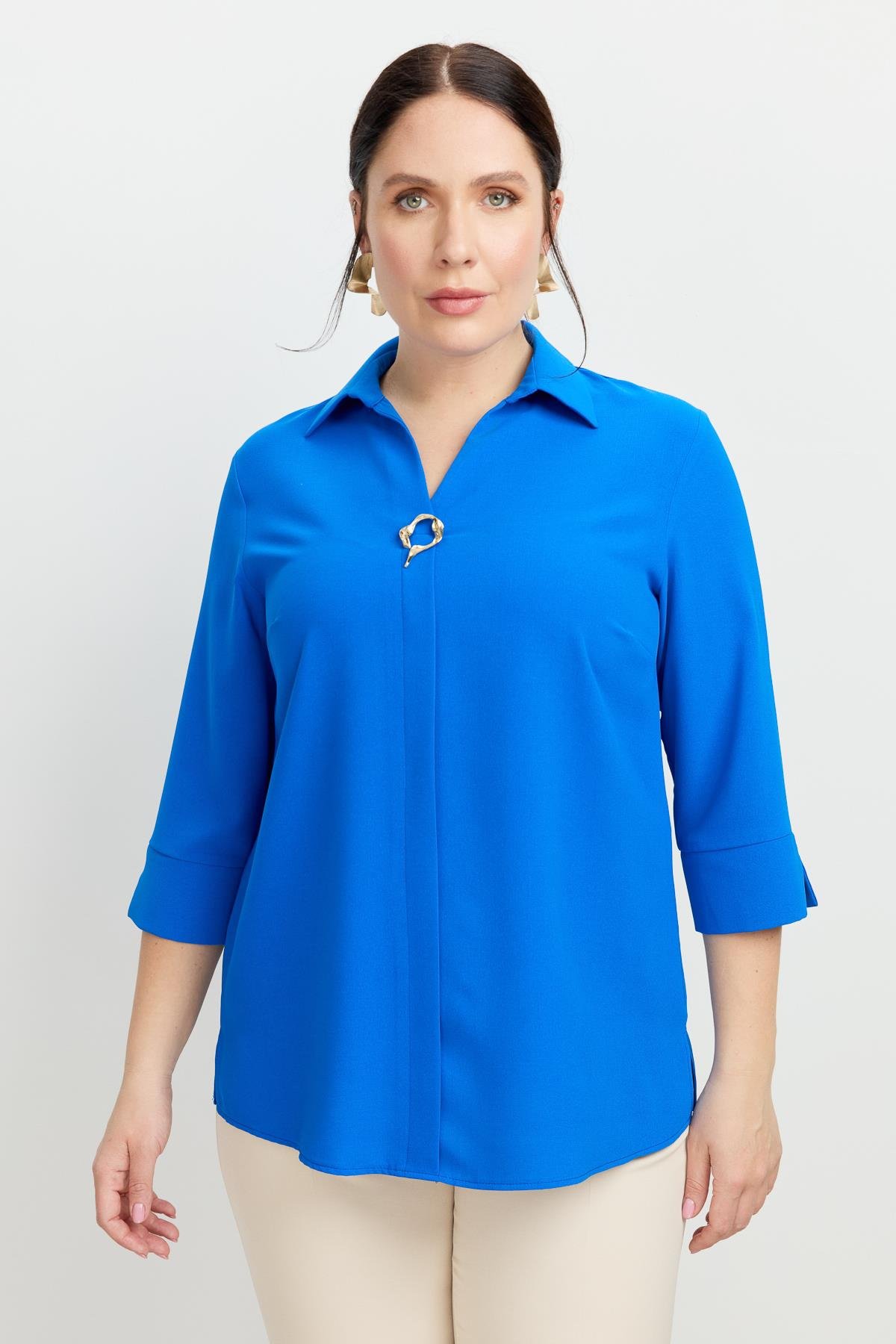 Büyük Beden Broş Detaylı Gömlek-SAX