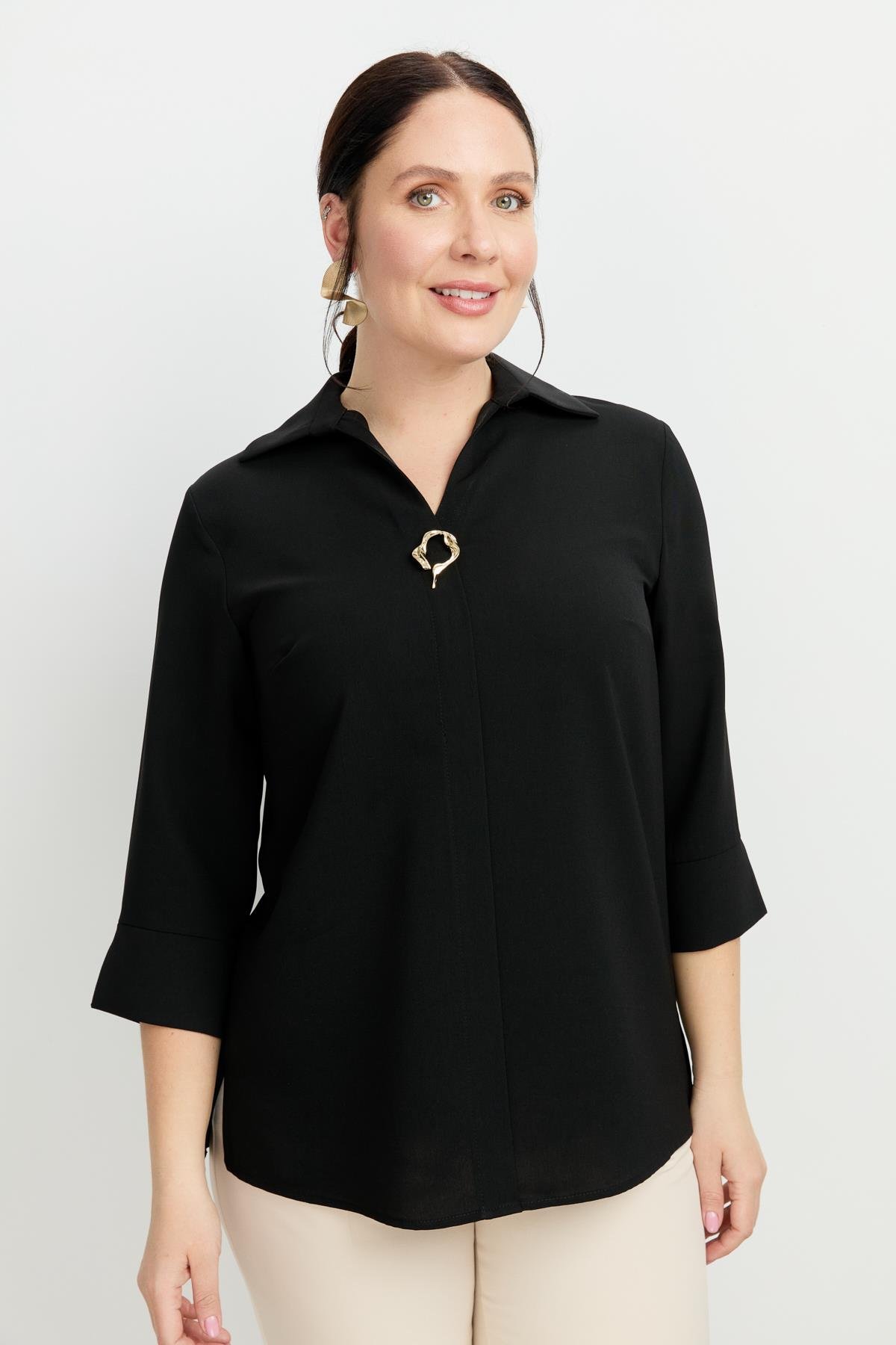 Büyük Beden Broş Detaylı Gömlek-SİYAH