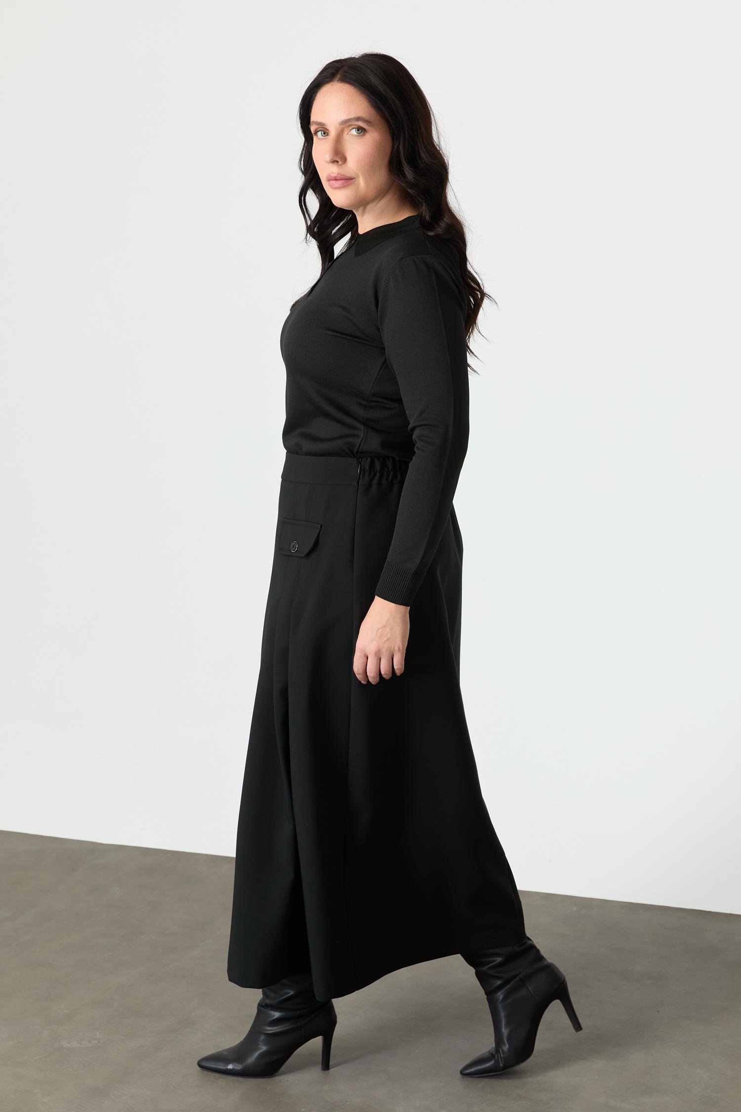 Büyük Beden Cep Detay Beli Lastikli Etek-SİYAH