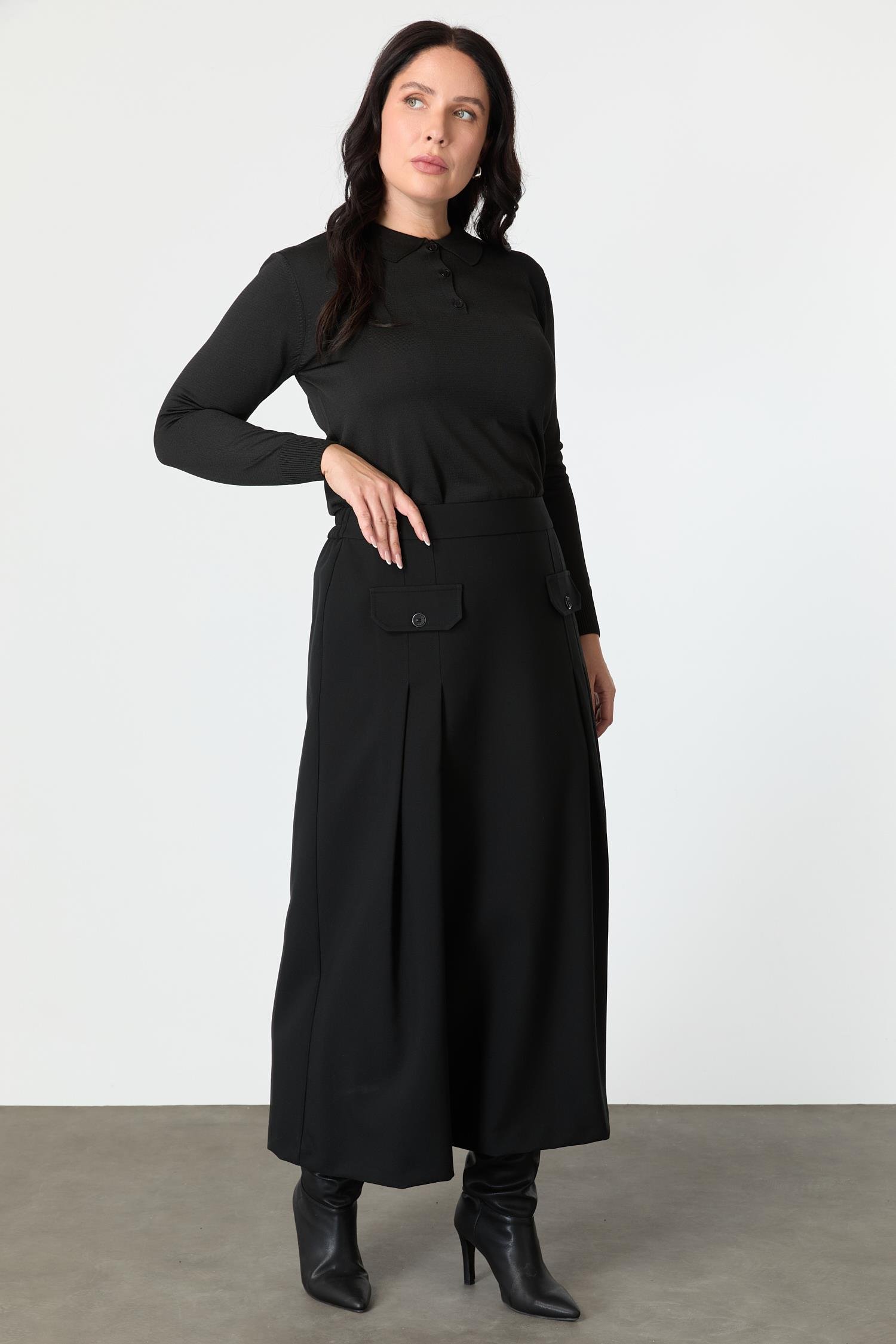 Büyük Beden Cep Detay Beli Lastikli Etek-SİYAH