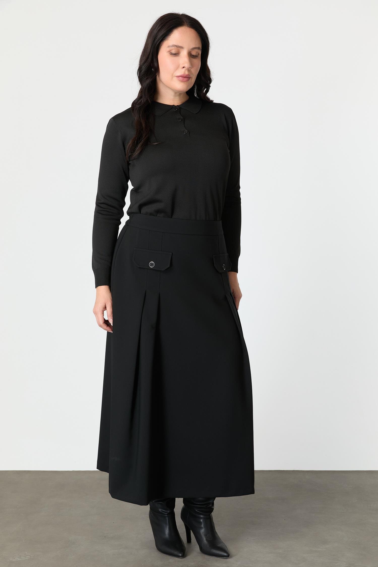 Büyük Beden Cep Detay Beli Lastikli Etek-SİYAH