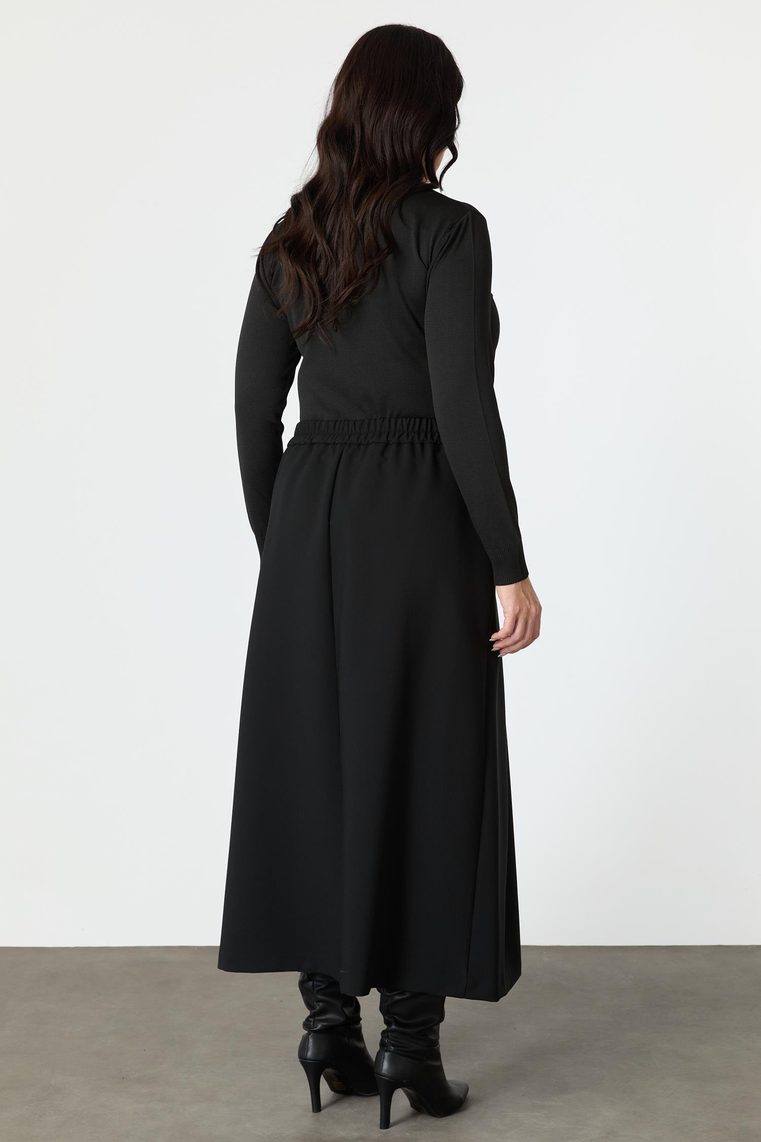 Büyük Beden Cep Detay Beli Lastikli Etek-SİYAH