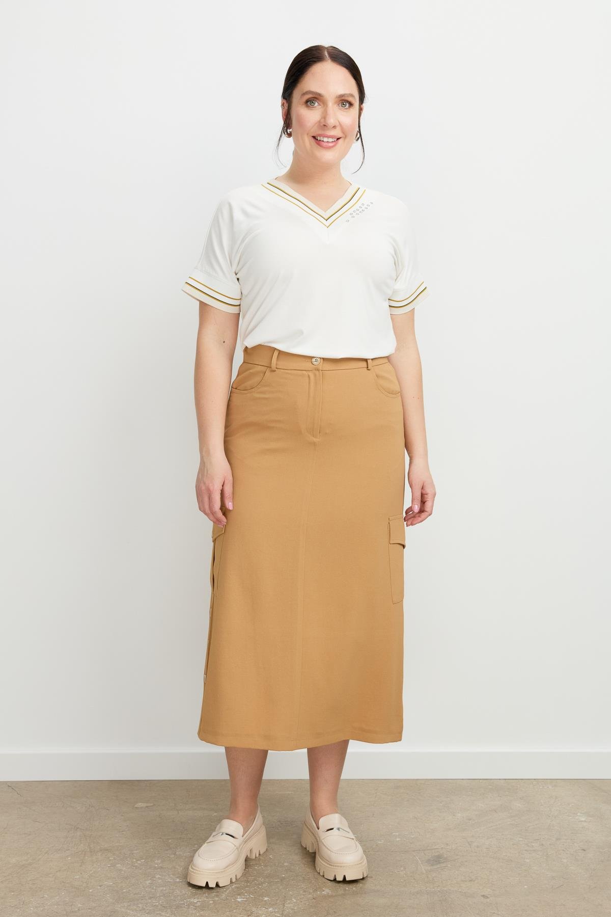 Büyük Beden Cep Detay Etek-CAMEL