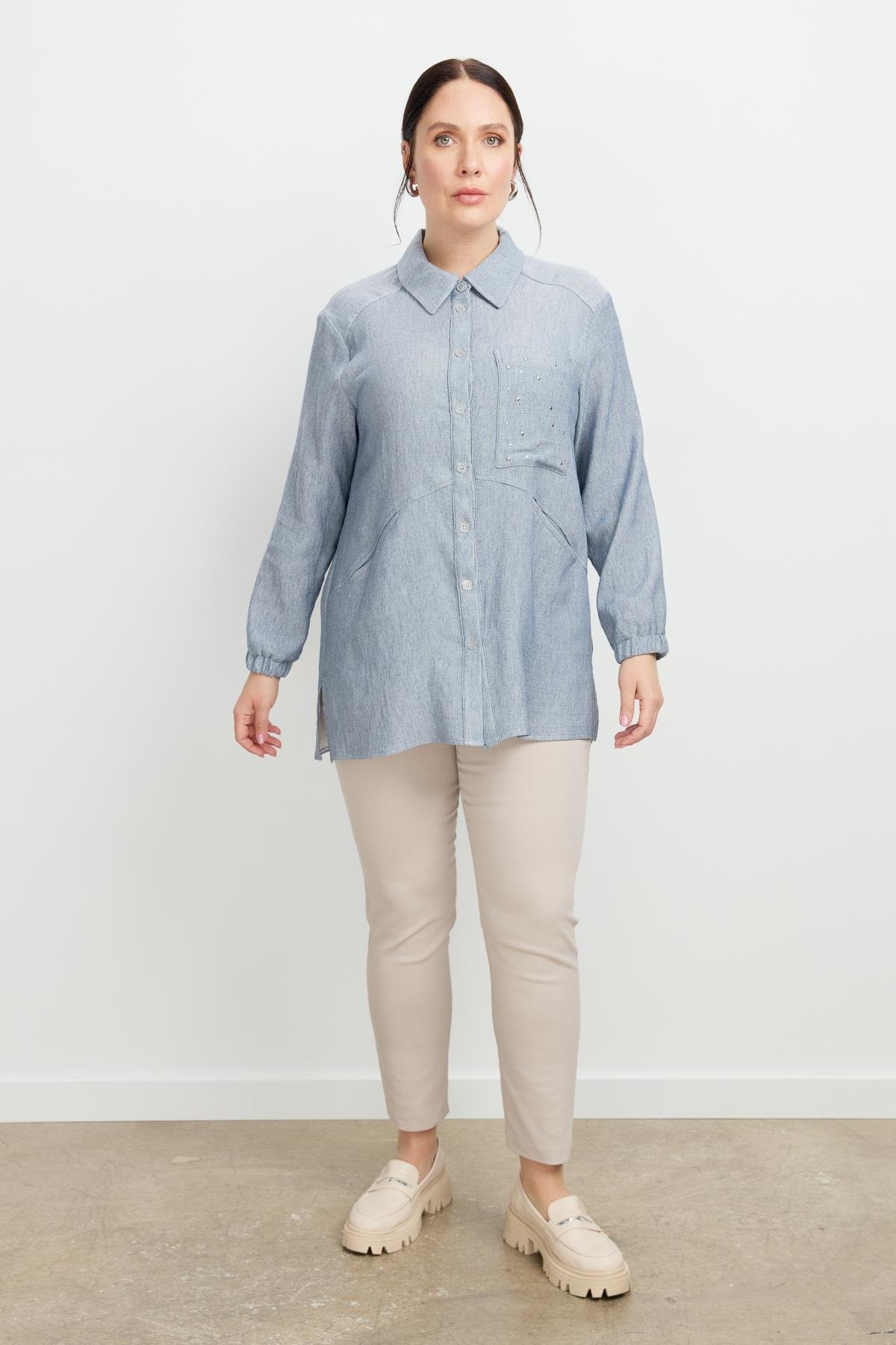 Büyük Beden Cep Detay Gömlek-MAVİ