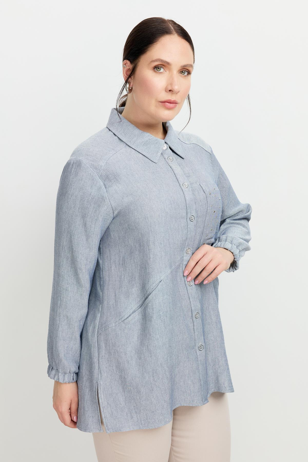 Büyük Beden Cep Detay Gömlek-MAVİ