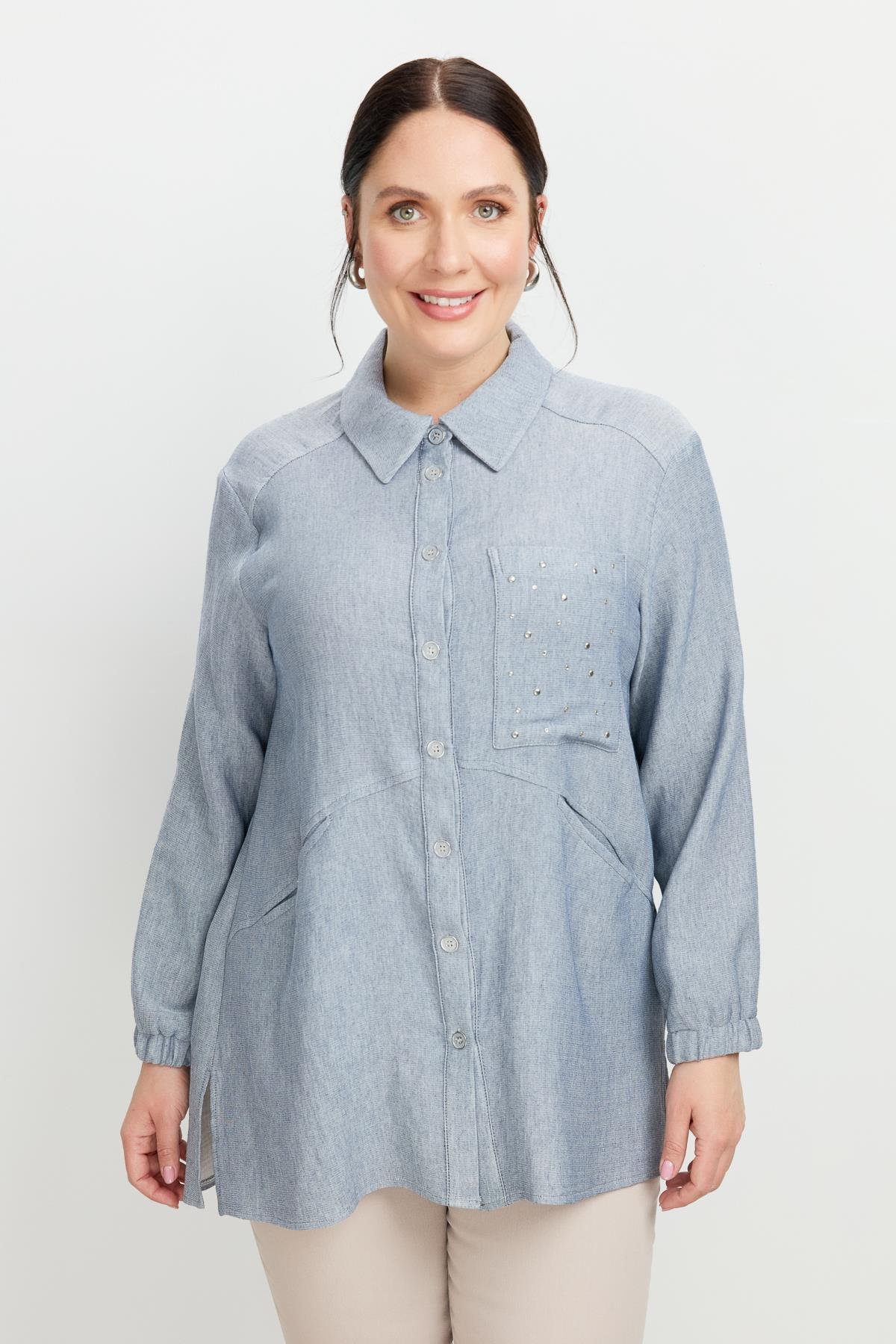Büyük Beden Cep Detay Gömlek-MAVİ