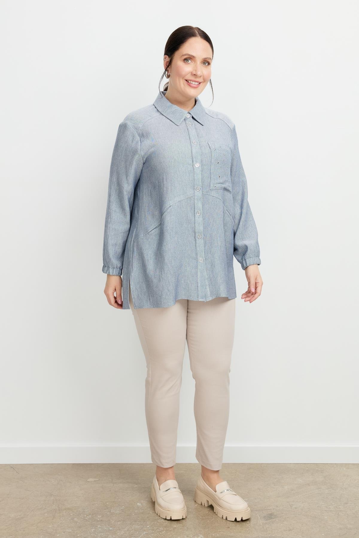 Büyük Beden Cep Detay Gömlek-MAVİ