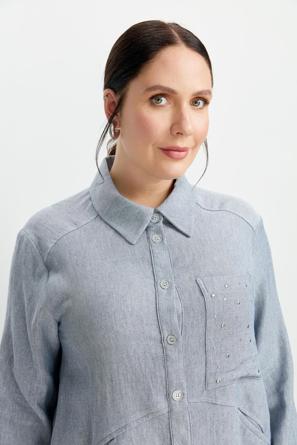 Büyük Beden Cep Detay Gömlek-MAVİ