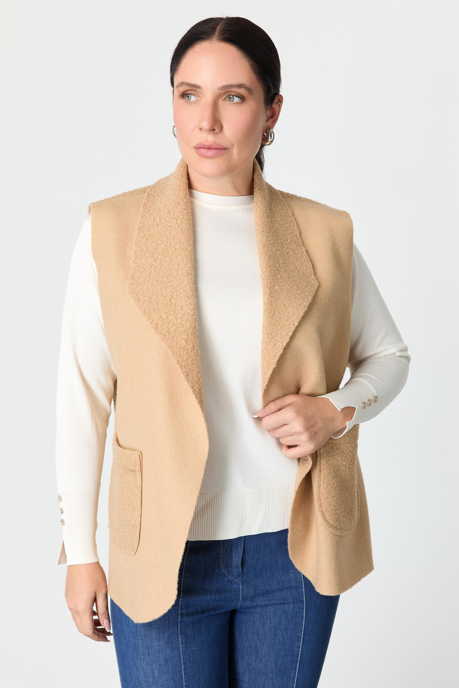 Büyük Beden Cep Detaylı Buklet Yelek-CAMEL