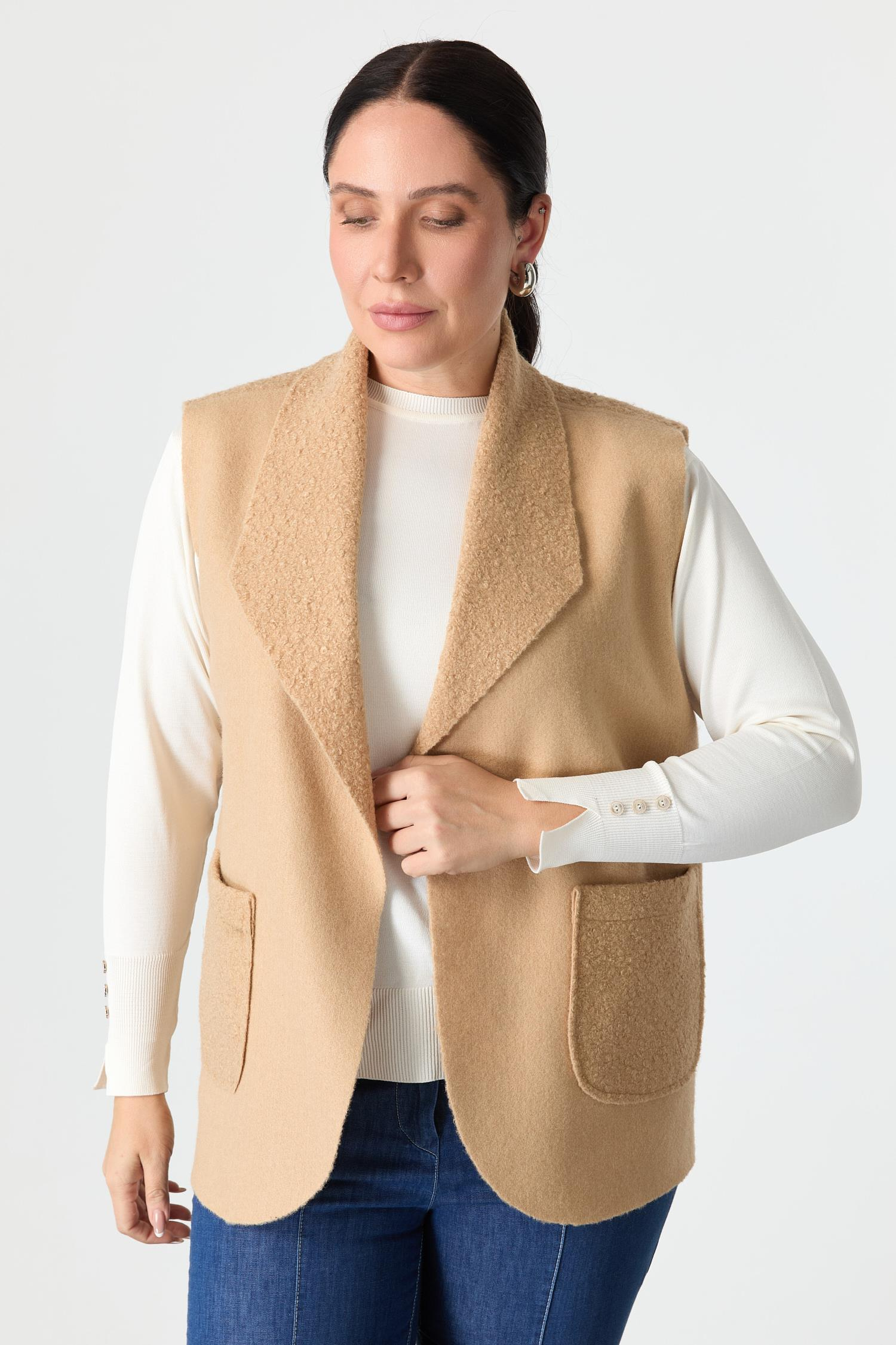 Büyük Beden Cep Detaylı Buklet Yelek-CAMEL