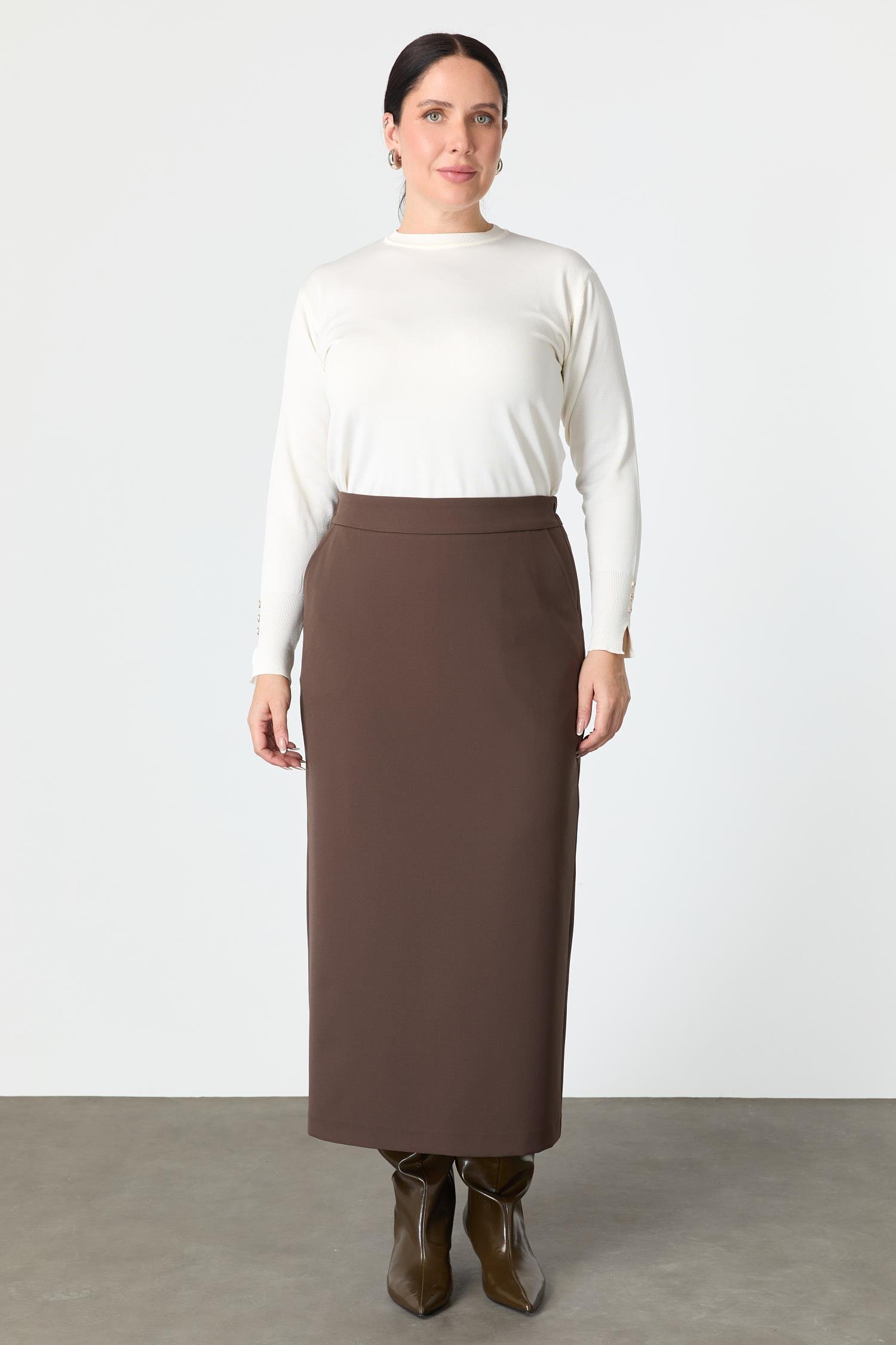 Büyük Beden Cep Detaylı Etek-KAHVE