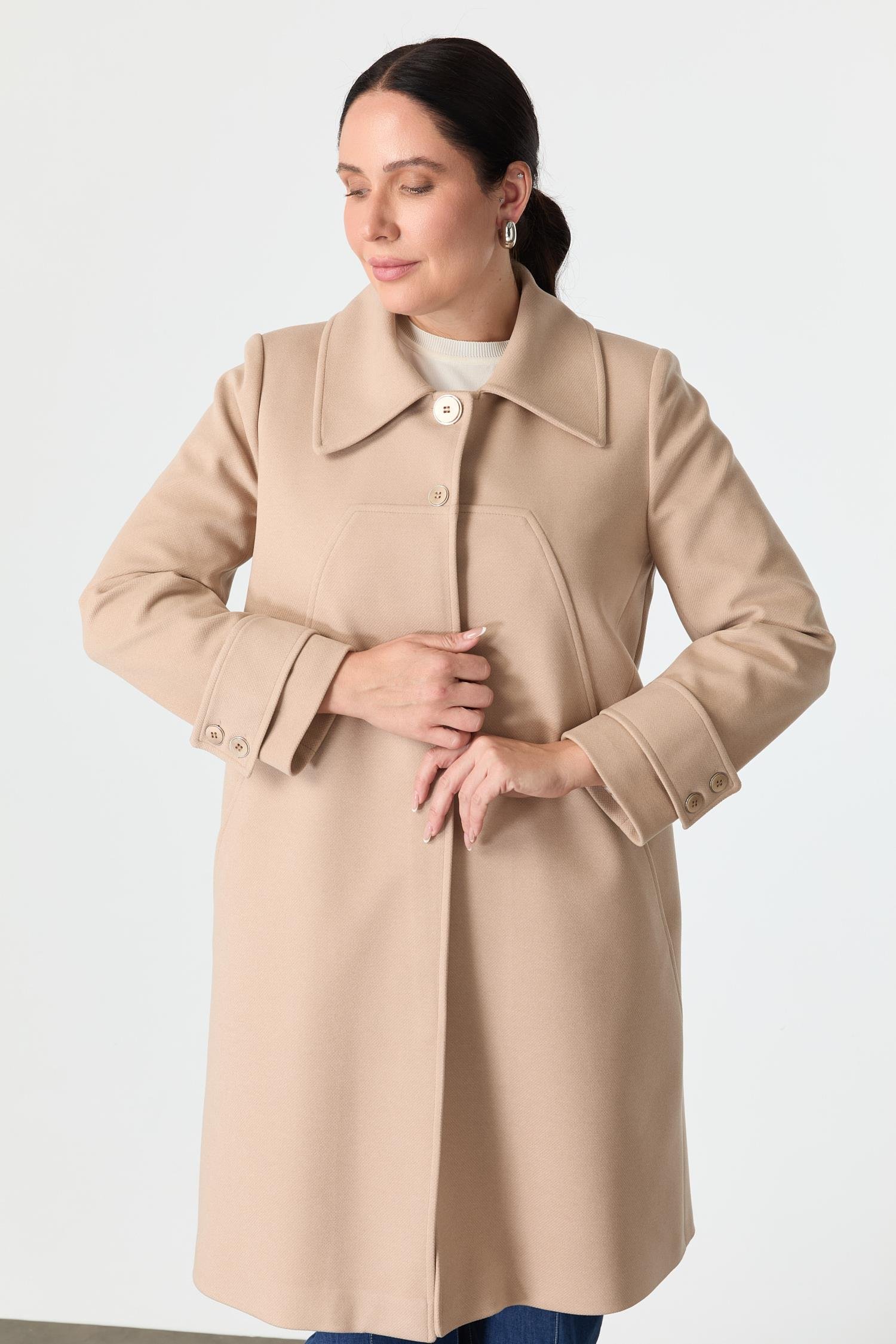 Büyük Beden Cep Detaylı Kaban-BEJ